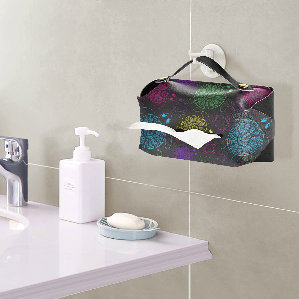 Colorful PU Leather Tissue Box Cover with Hanging Loop - Rectangle Facial Tissue Dispenser for Bathroom, Bedroom Nightstand & Office Desk Organization