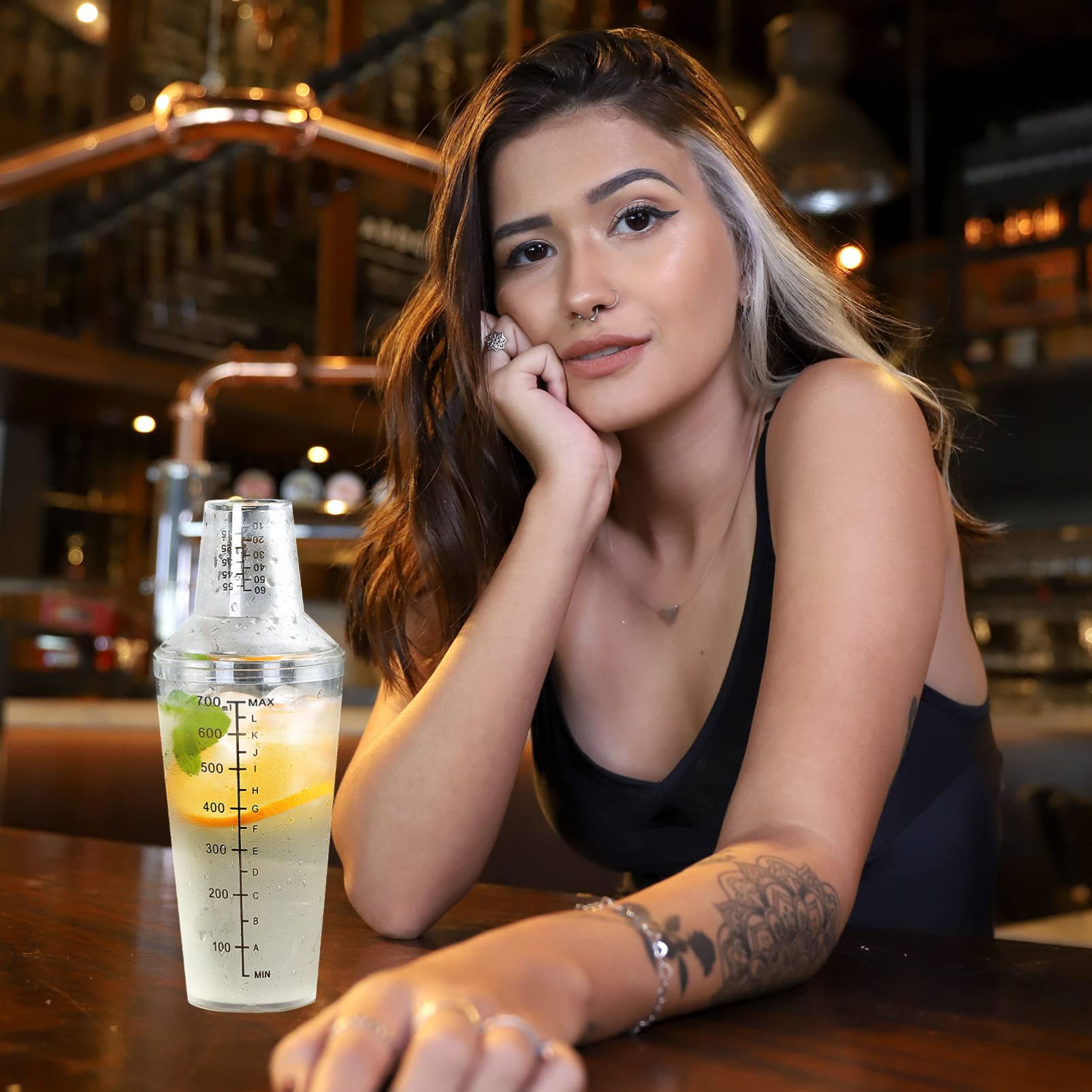 Zerodeko Snow Grams Plastic Cup - 16oz Clear Drinkware for Milk Tea, Cocktails & Protein Shakes | Stainless Steel Cocktail Shaker with Measuring Scale | Perfect for Bartending, Home Mixing & Party Drinks