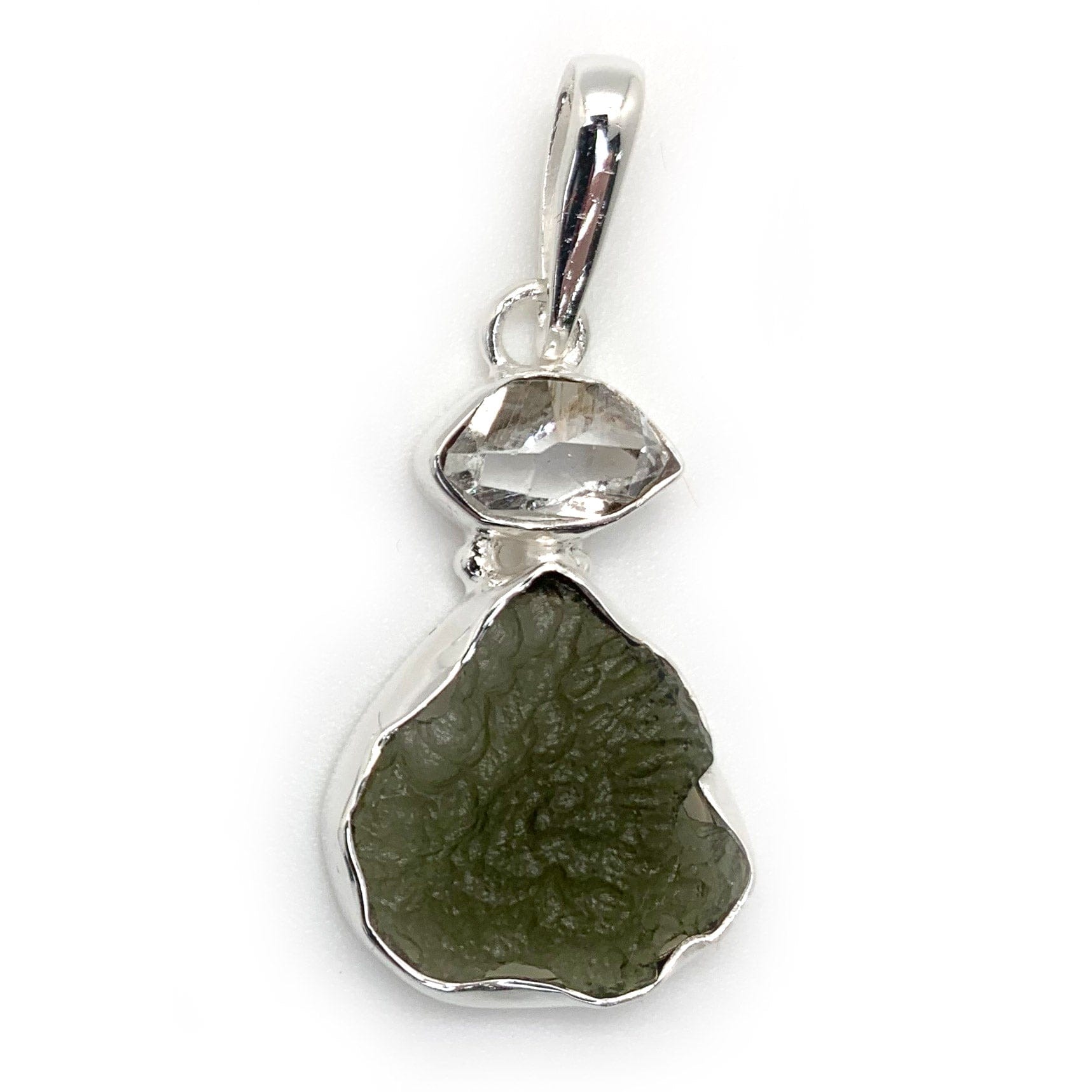 Natural Moldavite & Herkimer Diamond Pendant Necklace - Genuine Czech Meteorite & Quartz Crystal Jewelry for Spiritual Healing, Meditation & Energy Protection