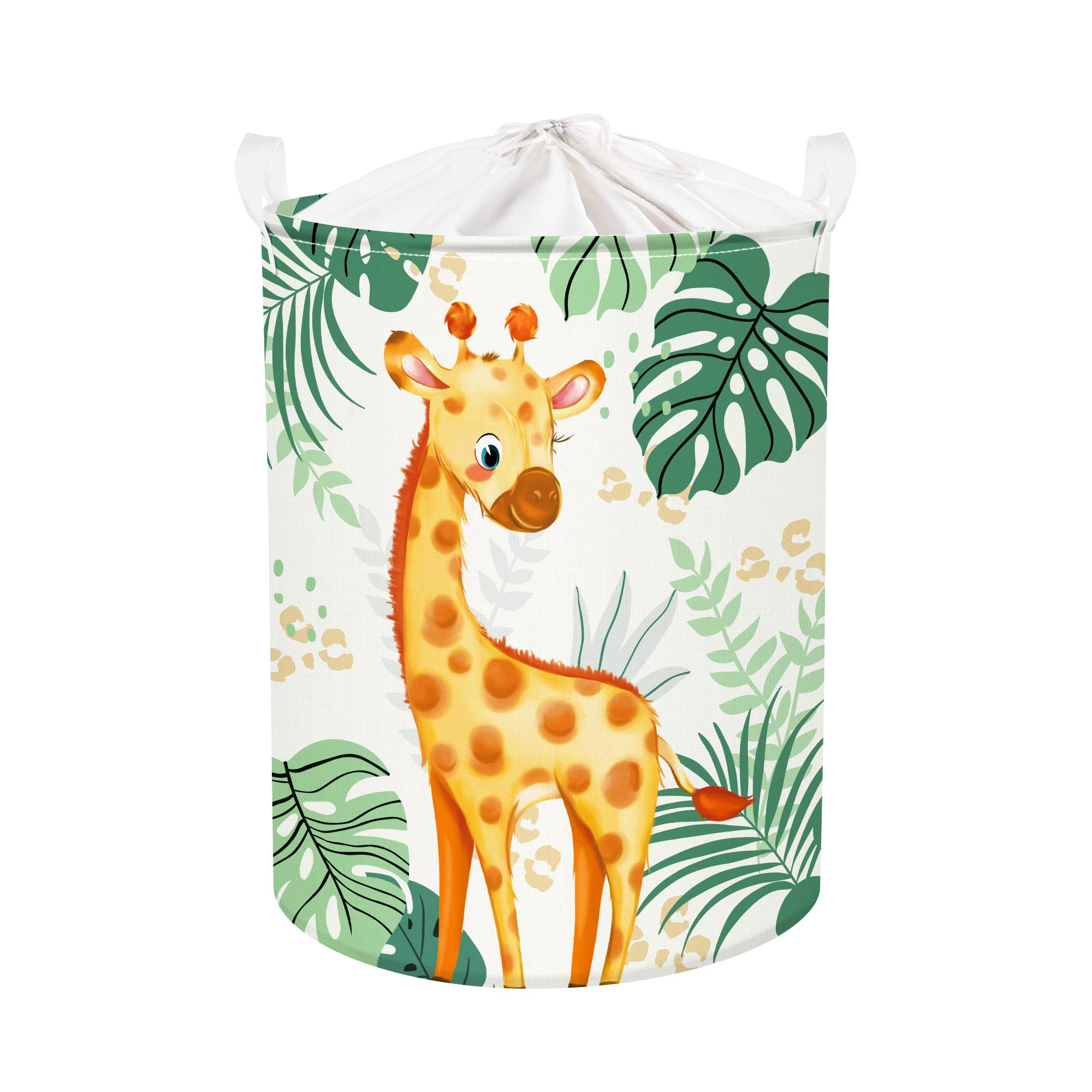 Clastyle Tropical Leaves & Woodland Animal Laundry Basket - Cute Giraffe & Bird Decor, Baby Clothes Hamper, Round Toy Storage Basket for Nursery, Kids Room - Perfect for Baby Shower Gifts & Toddler Organization