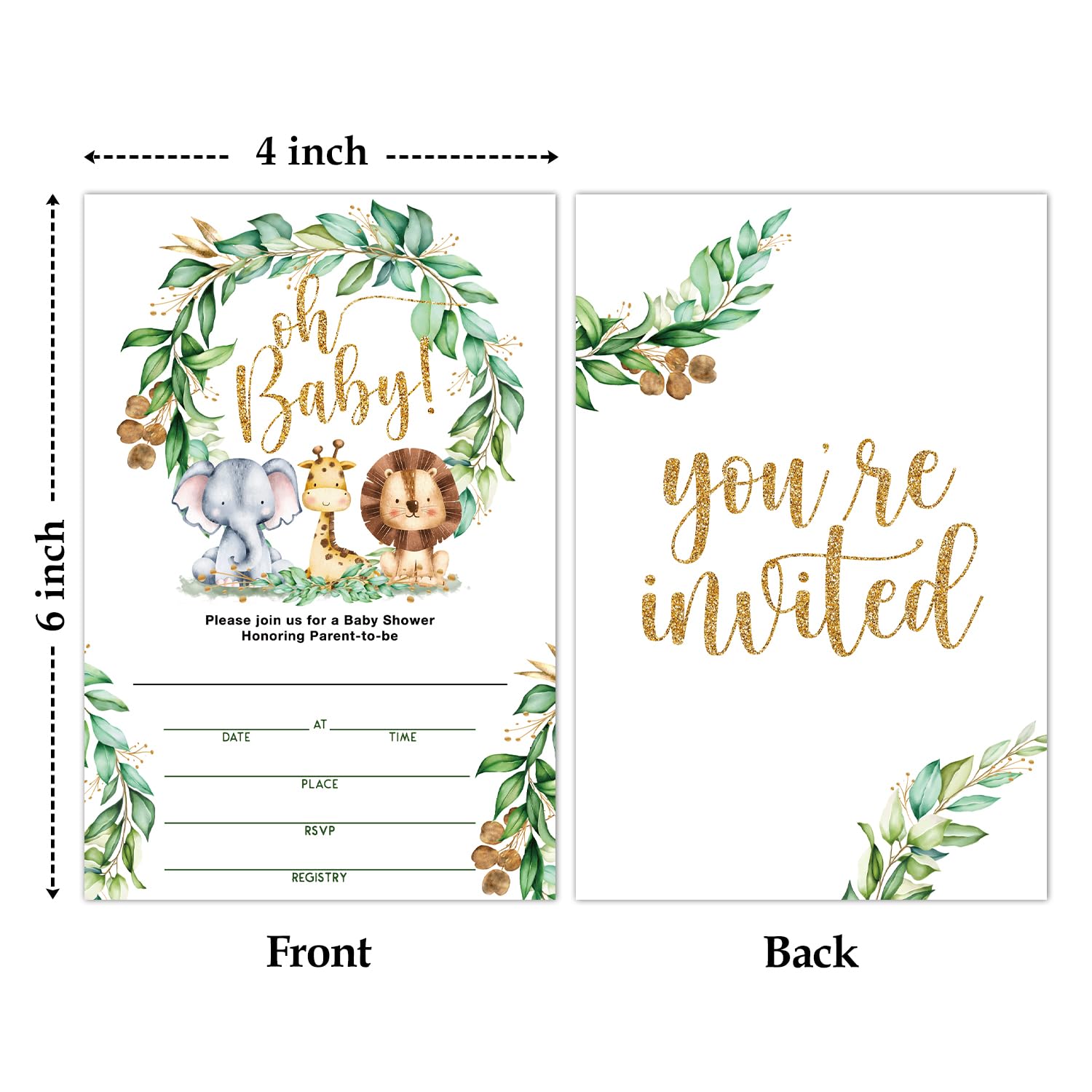 Jungle Animals Baby Shower Invitations with Envelopes - Greenery Safari Gender Reveal Fill-In Cards, Double-Sided Baby Announcement Invites for Shower Party Decorations & Supplies | Perfect for Jungle Theme Baby Showers and Gender Reveal Parties - A007