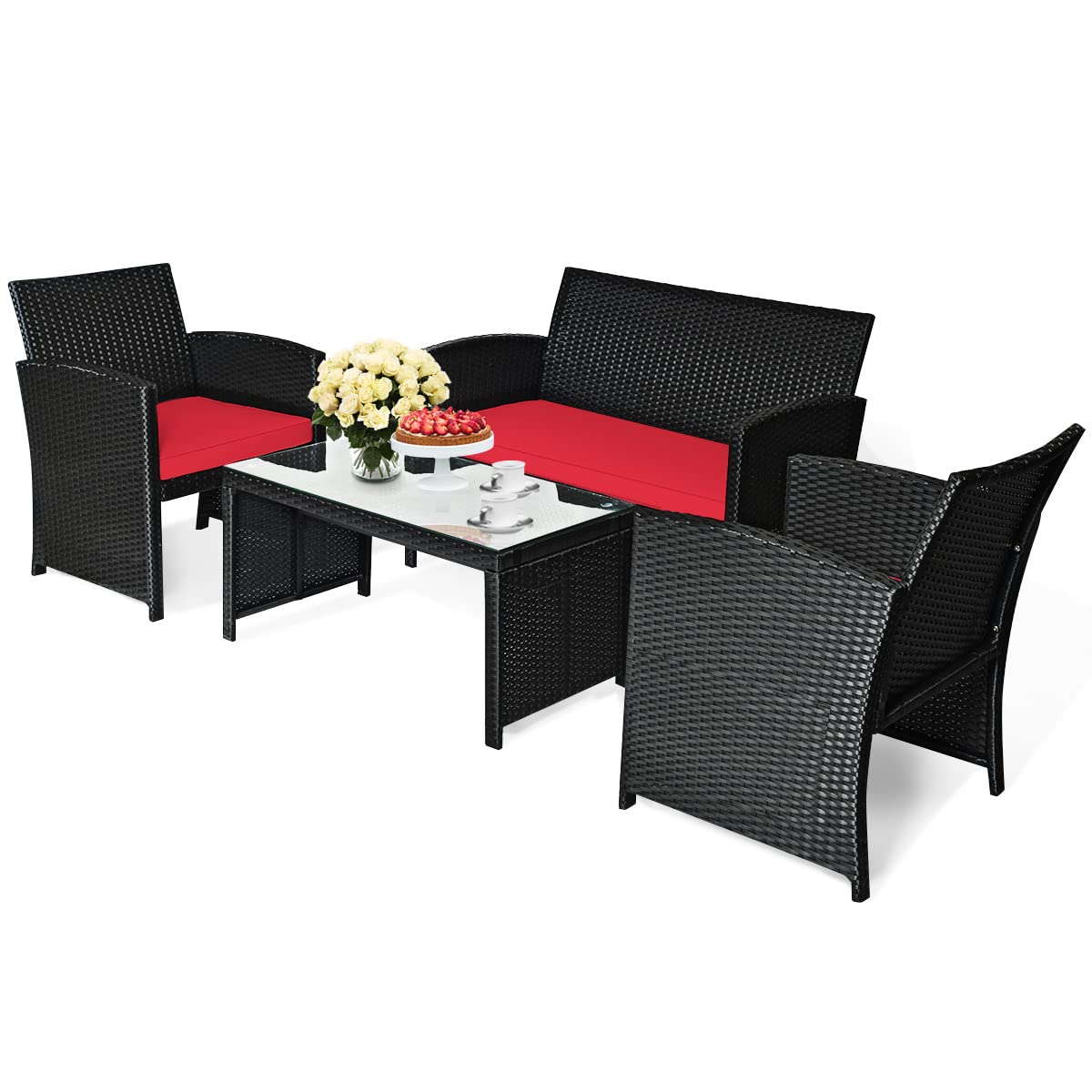 KOTEK 4-Piece Outdoor Patio Furniture Set - Rattan Wicker Sofa and Glass Table Conversation Set with Cushions for Garden, Lawn, Backyard - Perfect for Relaxing, Entertaining and Outdoor Dining (Red)