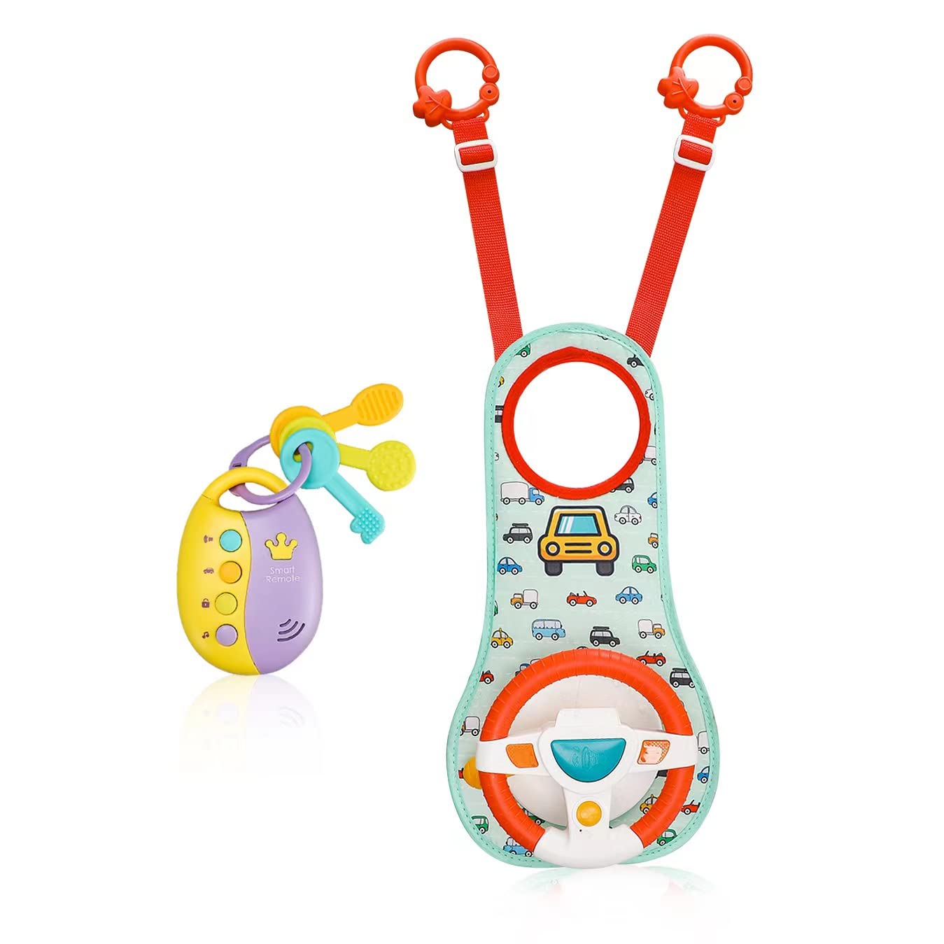 Best Baby Car Seat Toys for Infants & Toddlers - Soft Mirror & Toy Keys with Music, Lights & Driving Sounds - Safe Carseat Steering Wheel Toy for Road Trips & Travel Entertainment