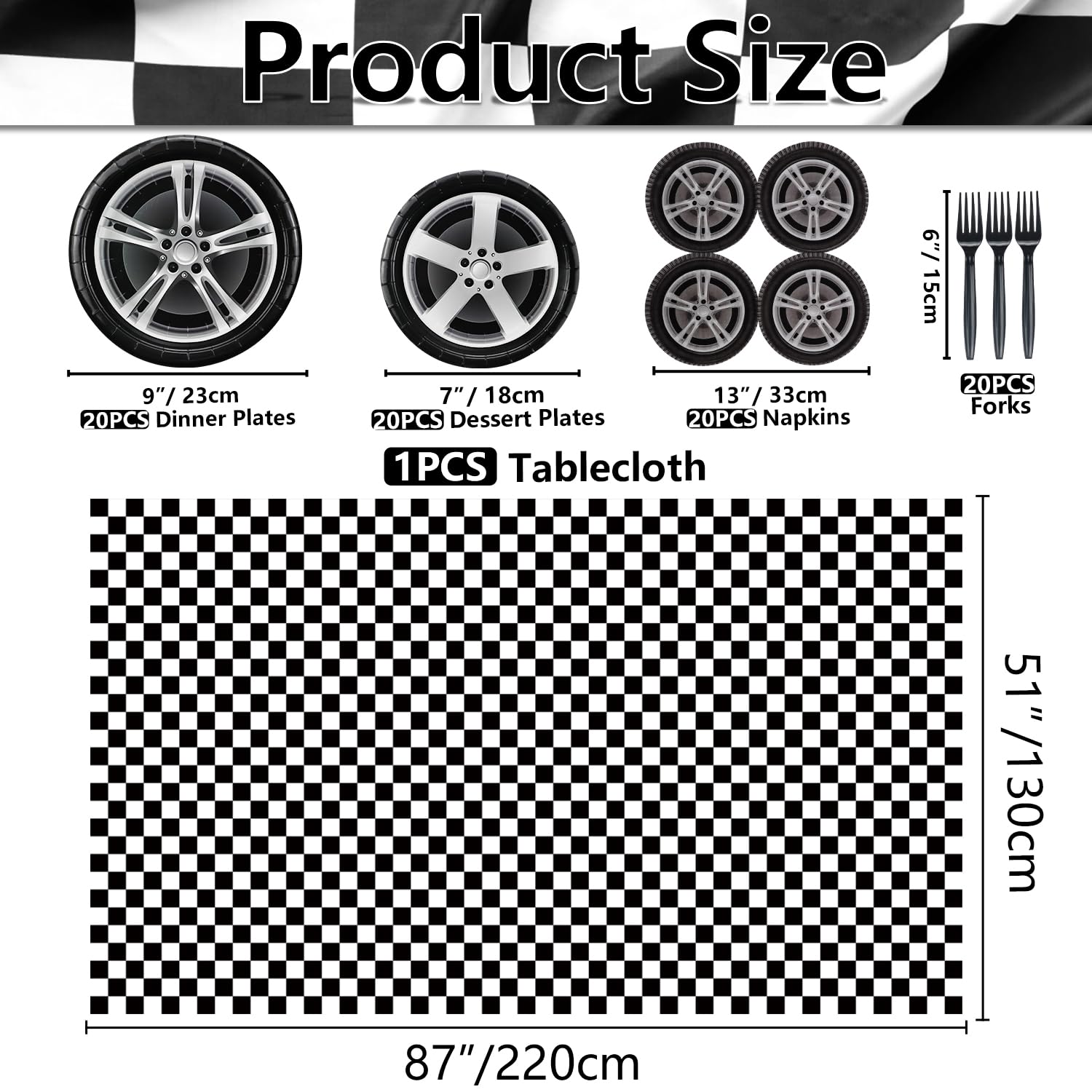 **81Pcs Racing Car Birthday Party Decorations Set - Car Wheel Plates, Tire Napkins, Forks & Checkered Tablecloth for Kids' Racing Themed Party (Serves 20) - Perfect for Birthday Celebrations, Sports Events & Themed Decor**