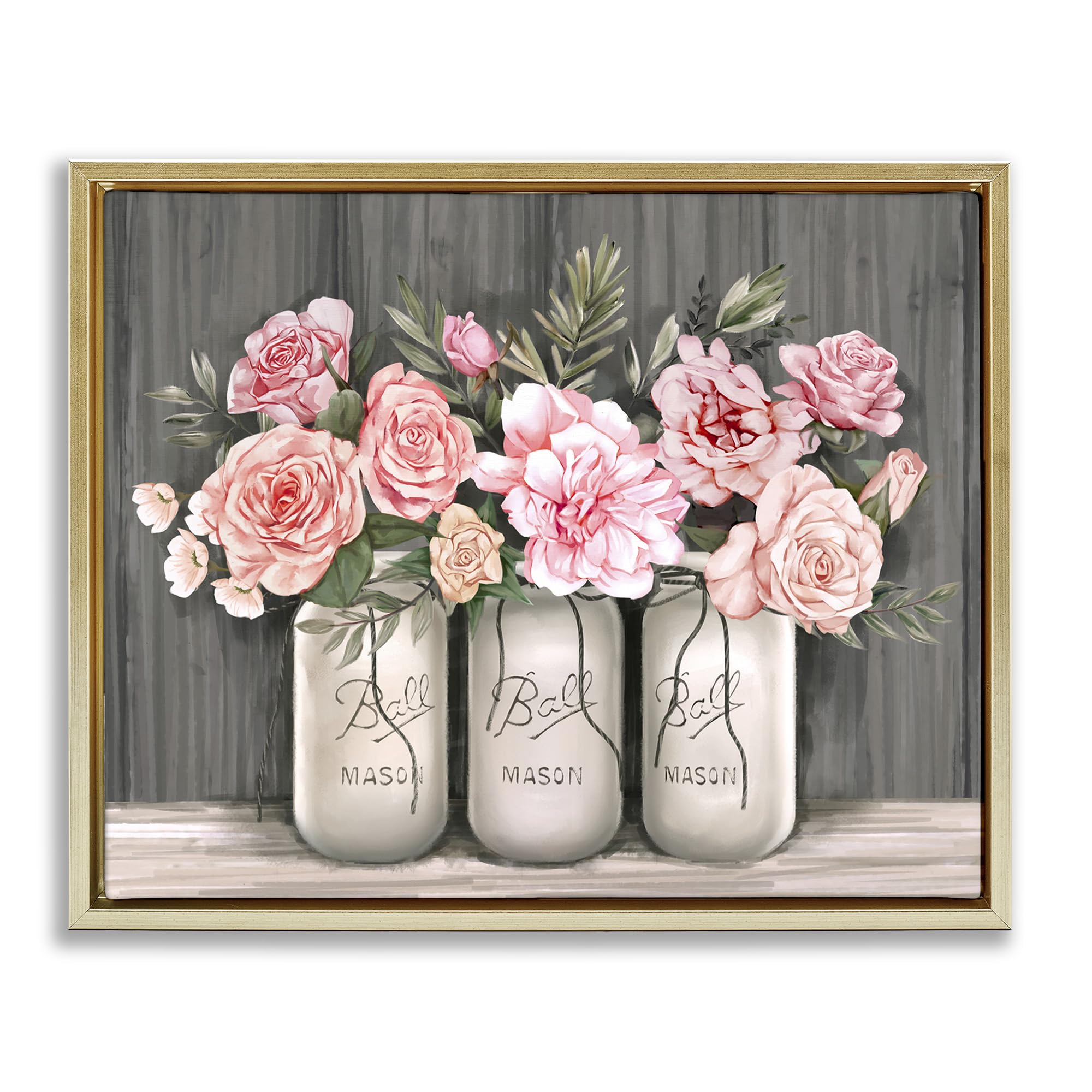 Stupell Industries Blossoming Pink Rose Bouquets in Rustic Country Jars - Floral Wall Art by Ziwei Li - Perfect for Farmhouse Decor, Living Room, Bedroom & Wedding Gifts