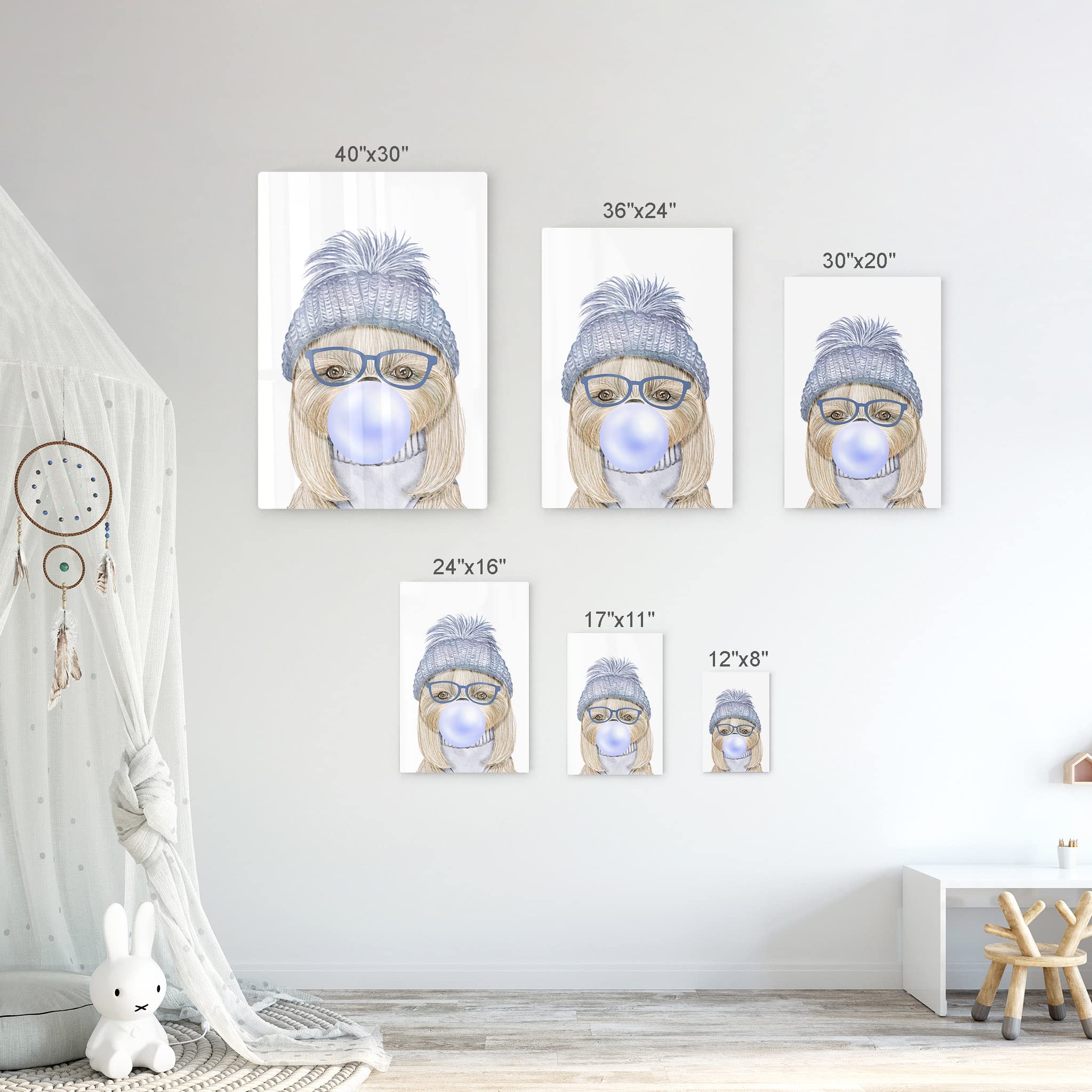 Smile Art Design Dog Portrait with Blue Hat Chewing Bubble Gum - Metal Wall Art Print for Pet Lovers, Pop Art Decor for Office, Living Room, Bedroom & Nursery (36x24) - Perfect Gift for Dog Owners & Animal Enthusiasts