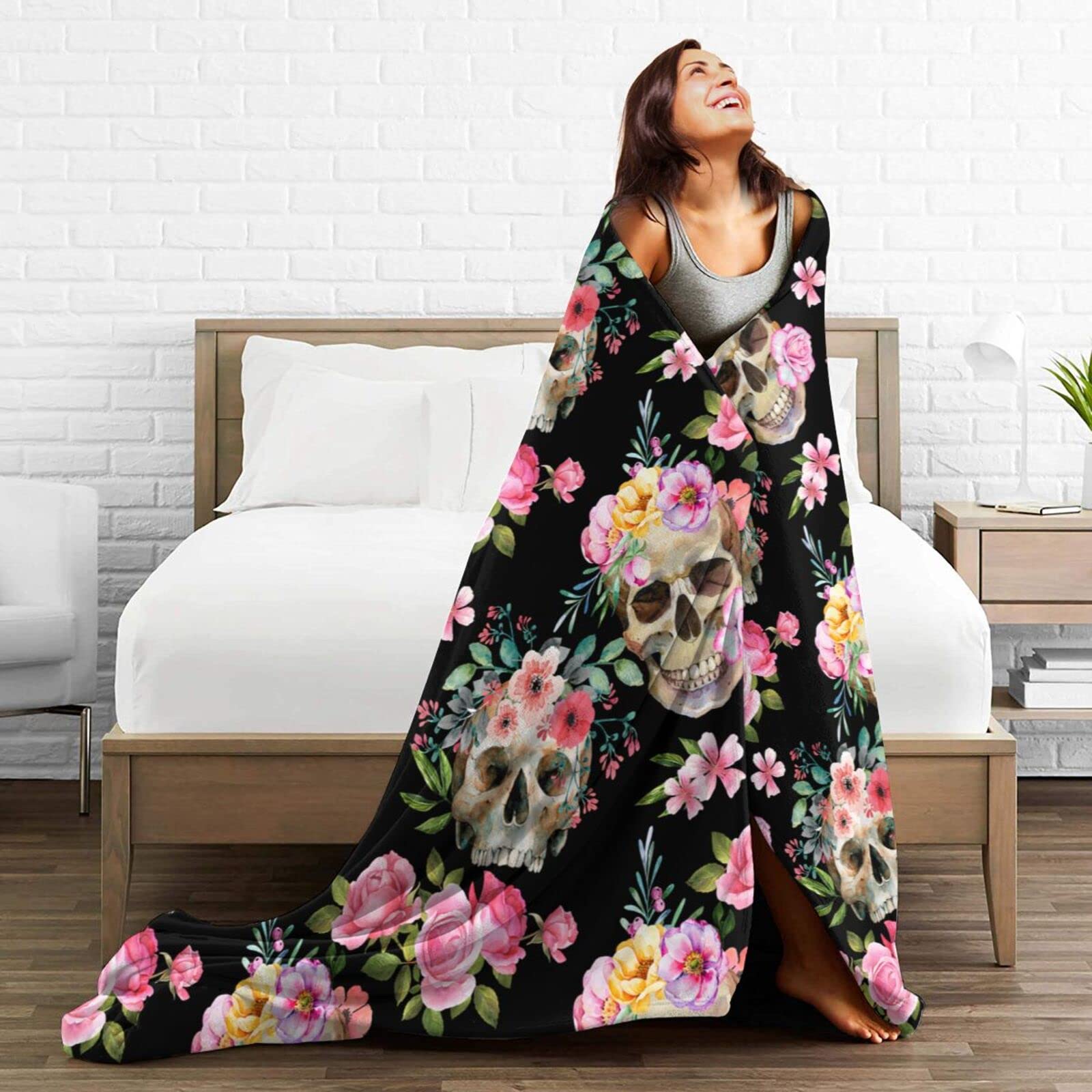 Goth Floral Skull Blanket - Ultra Soft Plush Lightweight Flannel Throw for All Seasons - 60