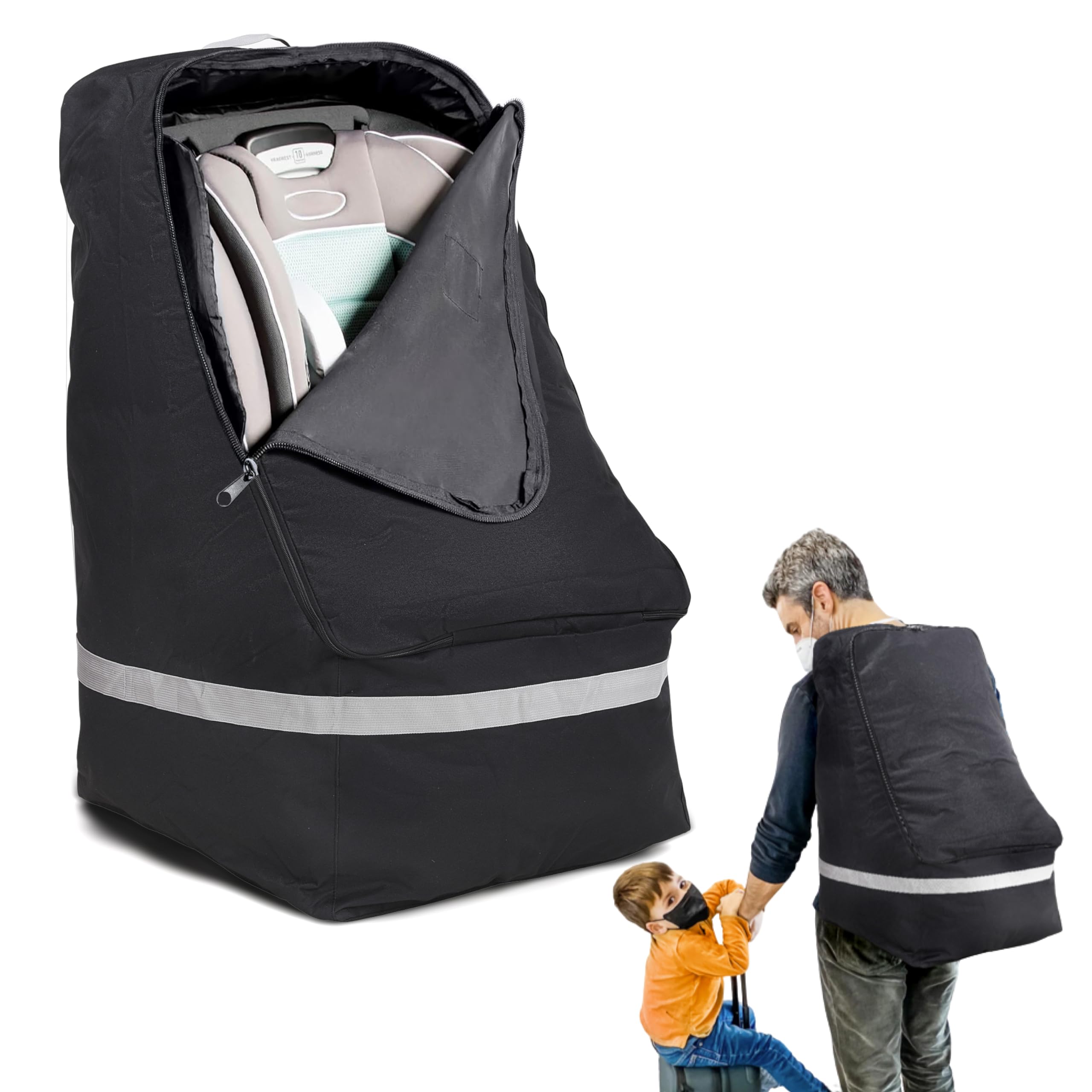 Hynec Tech Durable Black Car Seat Travel Bag - Padded Backpack for Airplane Gate Check | Heavy-Duty Car Seat Carrier with Storage Pockets | Perfect for Airport Travel with Kids & Baby Gear