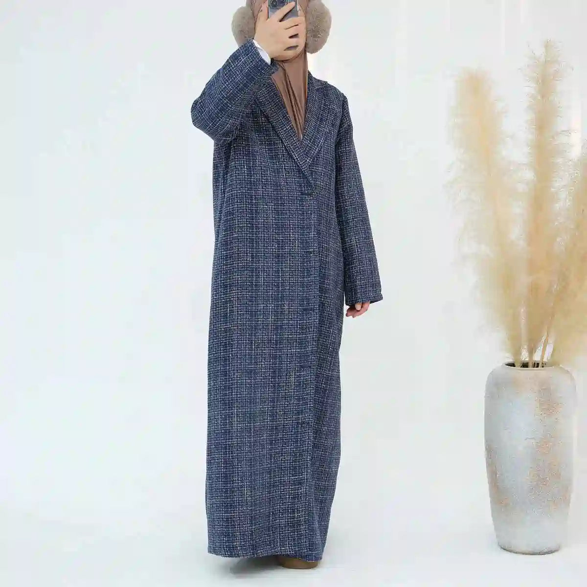 Stylish Winter Fall Tweed Thick Open Abaya Dress Coat for Women - Perfect for Modest Fashion, Cold Weather & Special Occasions