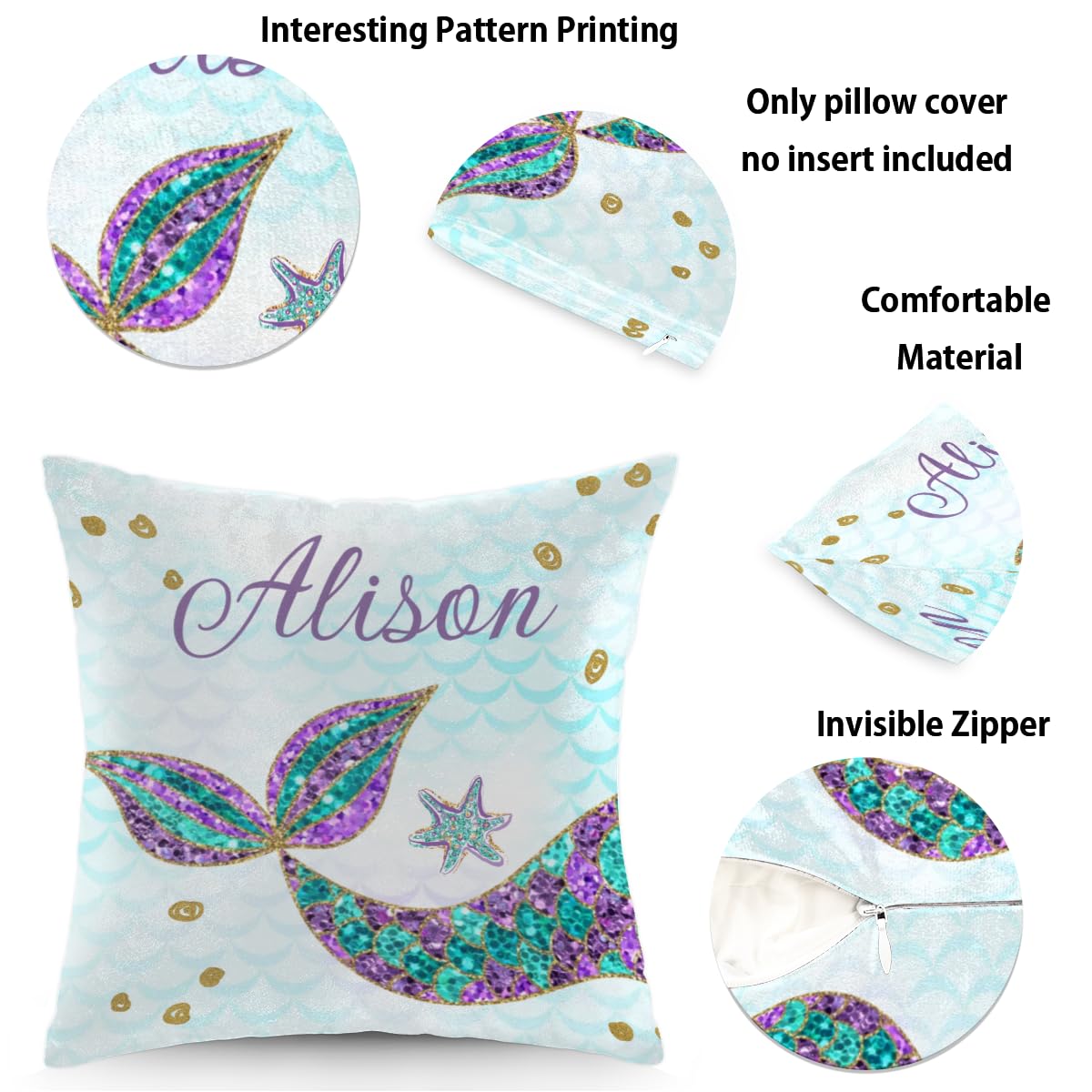 Custom Personalized Baby Name Nursery Throw Pillow Cover - Unique Gift for Baby Boy or Girl - Mermaid Glitter Design - Soft Couch Cushion for Nursery, Living Room & Home Decor | Perfect for Birthdays, Showers & Nursery Themes