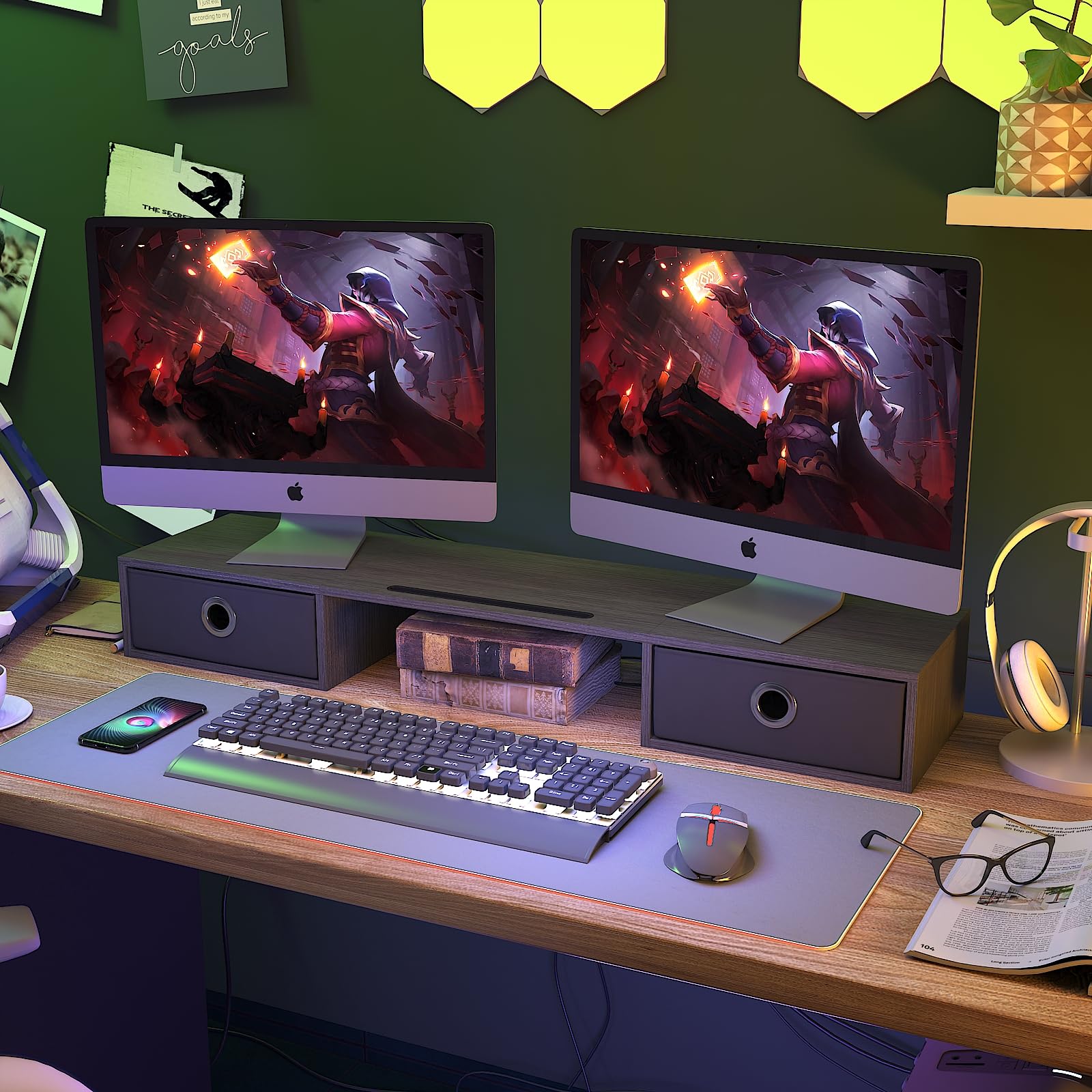 WESTREE Dual Monitor Stand Riser with 2 Drawers - Extra Wide Computer Monitor Stand for 2 Screens, Laptops, Printers & TVs - Heavy Duty Desktop Organizer with Large Storage Space | Perfect for Home Office, Gaming Setup & Workspace Organization