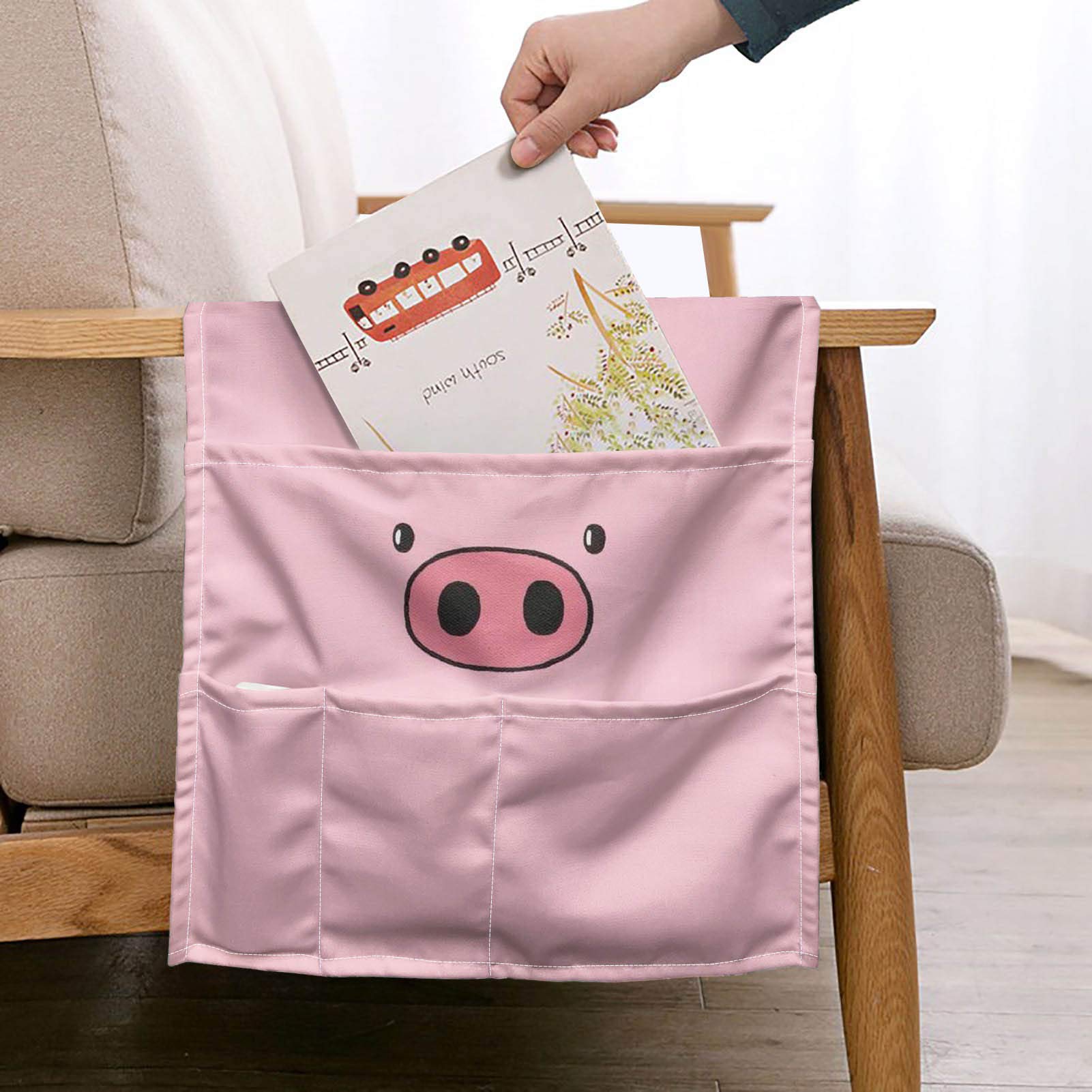 WELLFLYHOM Pink Pig Printed Recliner Arm Covers with 5 Pockets - Anti-Slip Polyester Armchair Organizer for Sofa, Couch & Bedside - Hanging Storage Bag for Living Room, Bedroom & Office Use