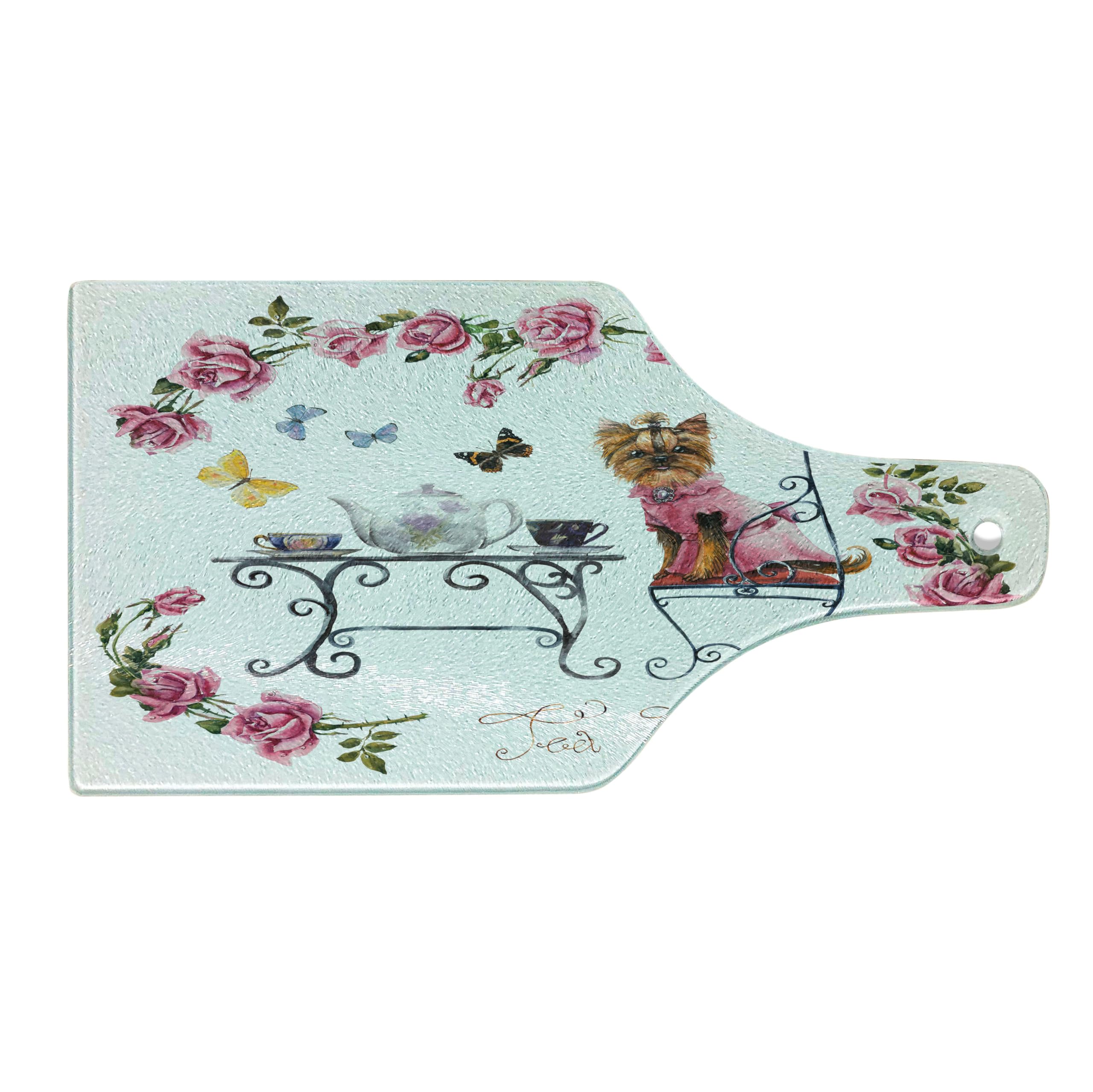Ambesonne Yorkie Themed Cutting Board - Yorkshire Terrier in Pink Dress Tea Party Design with Butterflies & Roses - Tempered Glass Serving Board for Cheese, Charcuterie & Wine - Elegant Wine Bottle Shape in Pale Pink & White - Perfect for Kitchen Decor & Hostess Gifts