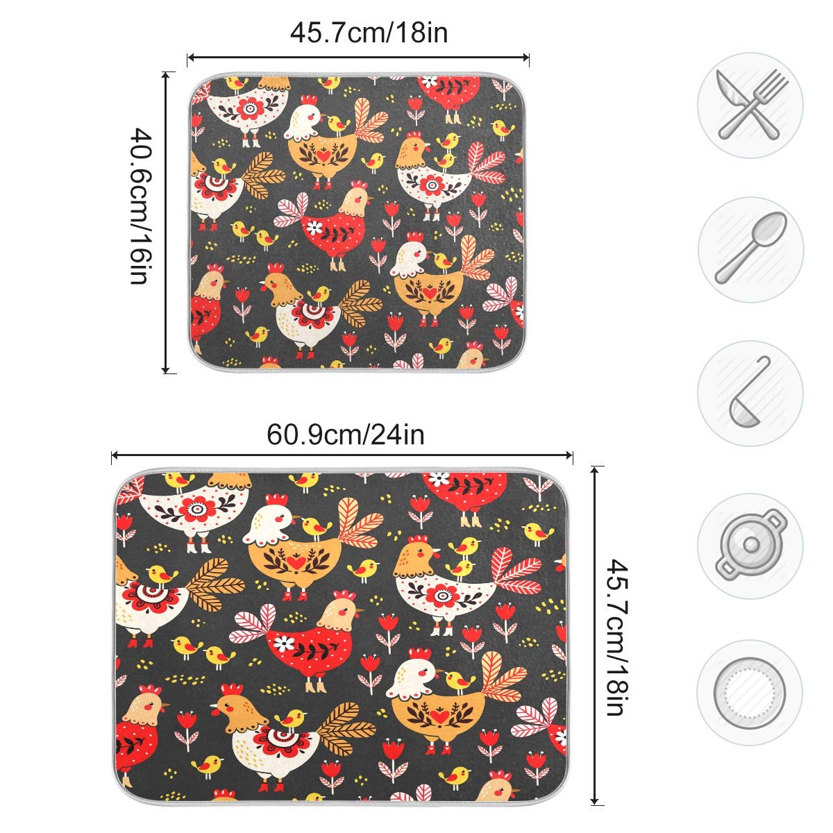 Susiyo Super Absorbent Microfiber Dish Drying Mat - Cute Rooster Chicken Design, Heat-Resistant Kitchen Counter Mat (18x24 Inch) for Drying Dishes, Utensils & Cookware | Perfect for Kitchen Countertops, Sink Areas & Dish Rack Protection