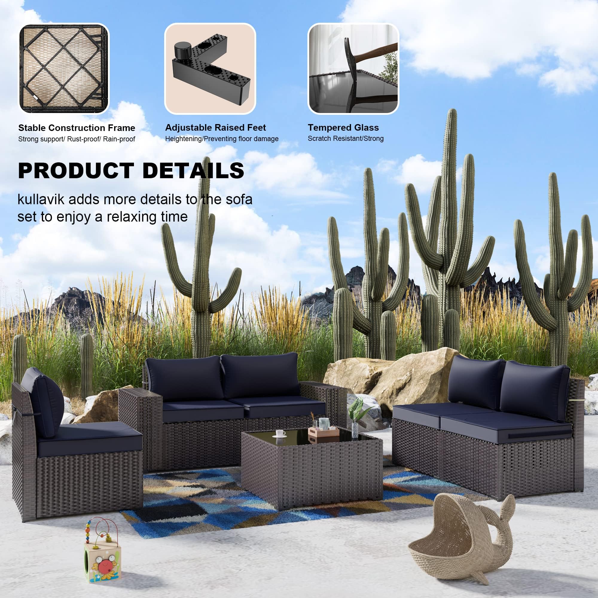 6-Piece Outdoor Patio Furniture Set - PE Wicker Rattan Sectional Sofa Conversation Set in Navy Blue for Garden, Poolside & Backyard Relaxation