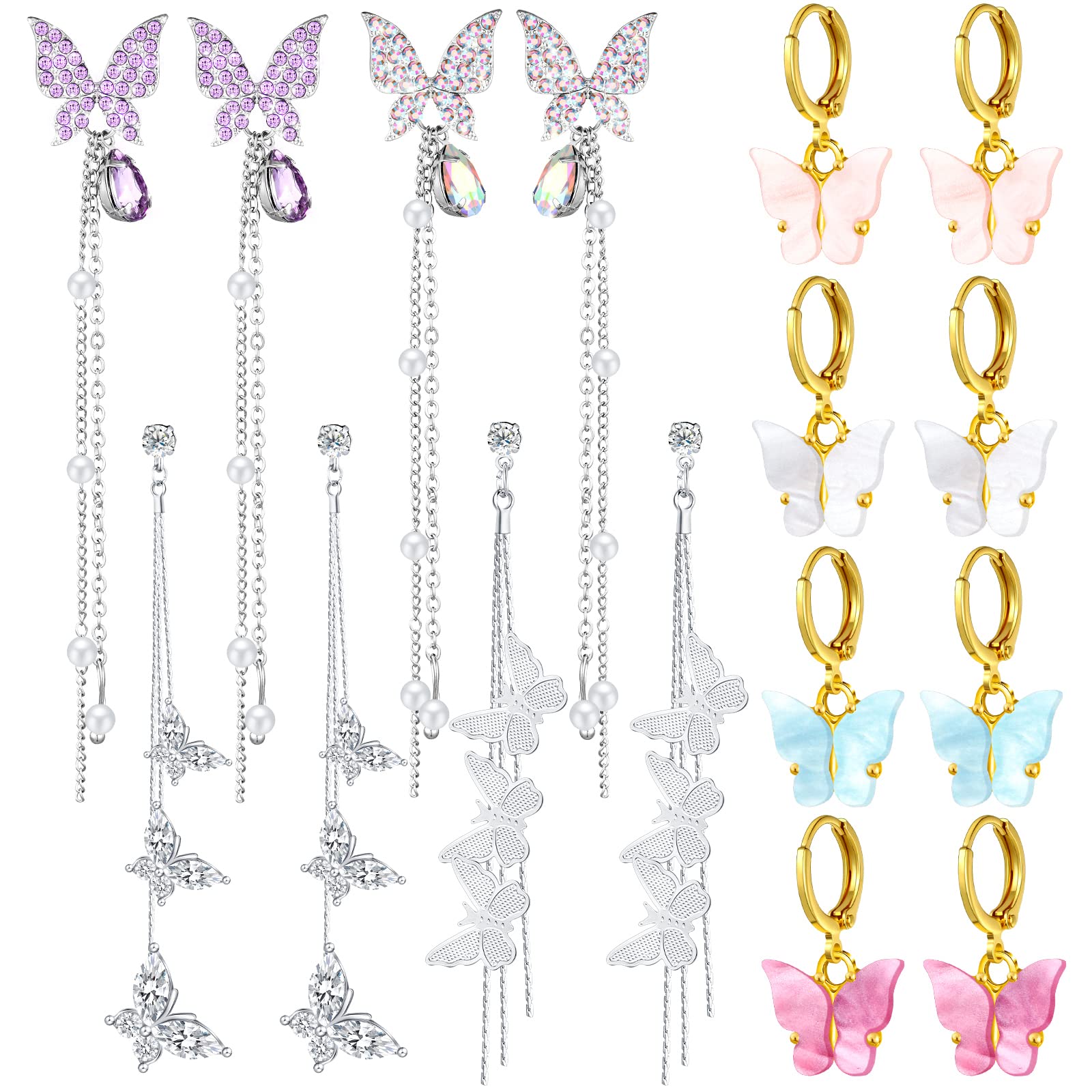 8 Pairs Butterfly Dangle Hoop Earrings for Women - Crystal Tassel Pendant Charm Earrings Jewelry Set, Gift for Women & Girls | Perfect for Parties, Weddings & Everyday Wear