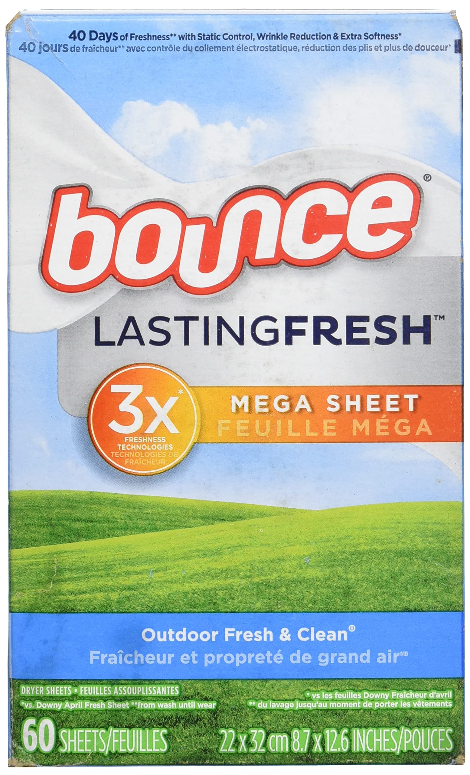 Bounce Fabric Softener Mega Dryer Sheets - 60 Count | Long-Lasting Freshness, Outdoor Fresh & Clean Scent | Eliminates Static & Wrinkles | Ideal for Laundry, Gym Clothes & Baby Fabrics