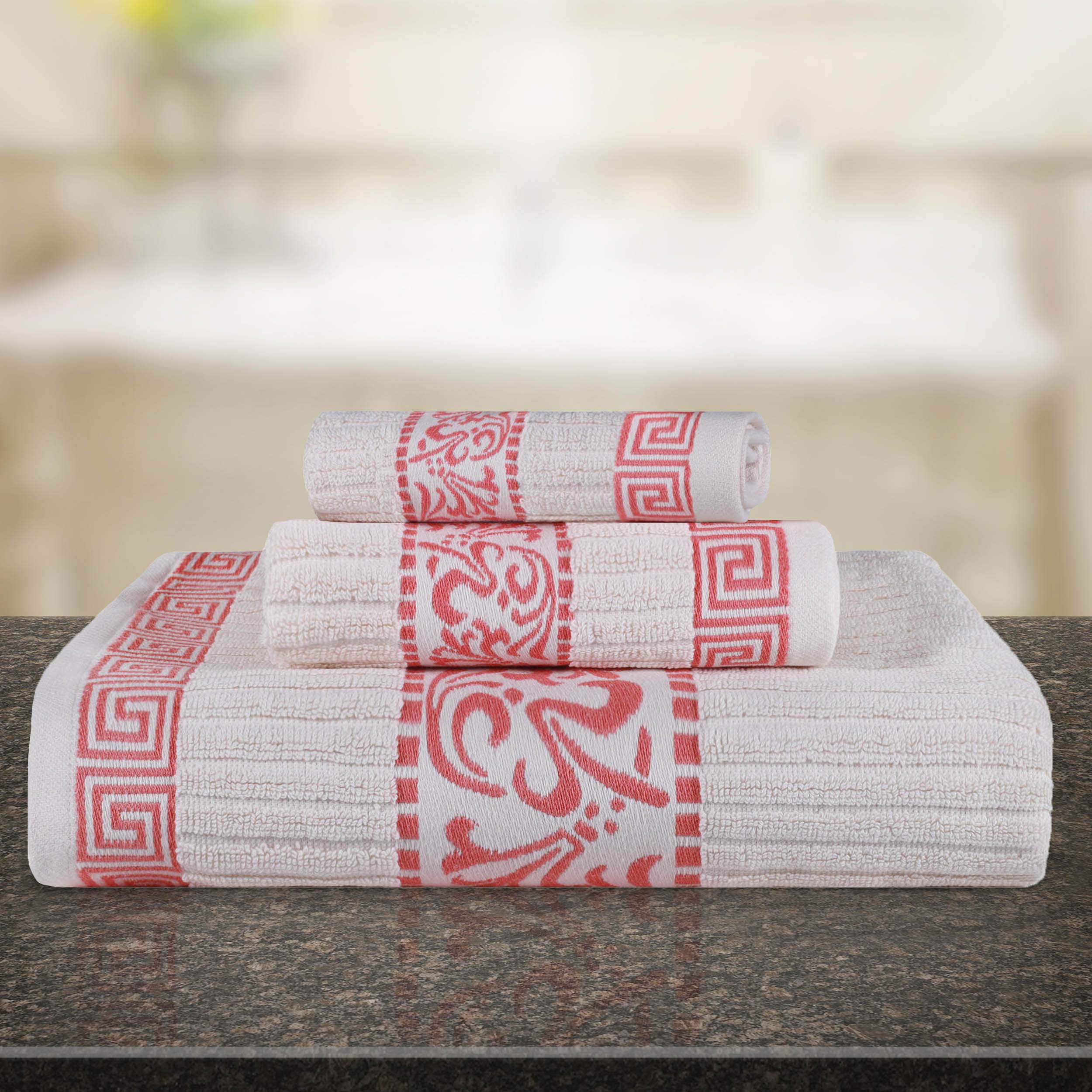 Premium Athens Cotton Greek Scroll & Floral 3-Piece Bath Towel Set - Soft Absorbent Luxury Towels for Spa, Bathroom & Guest Use