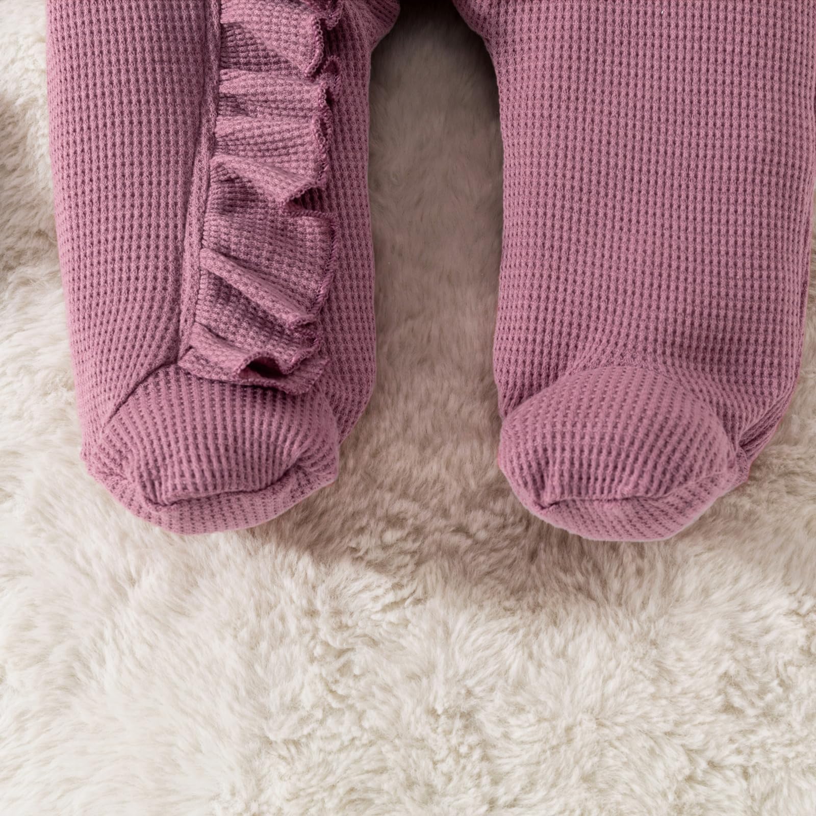 Newborn Baby Romper Infant Girl One-Piece Outfit - Soft Waffle Knit Ruffle Zip Footie Pajamas for Spring & Summer - Cute Bow Headband Included - Perfect for Playtime, Sleepwear & Photo Shoots