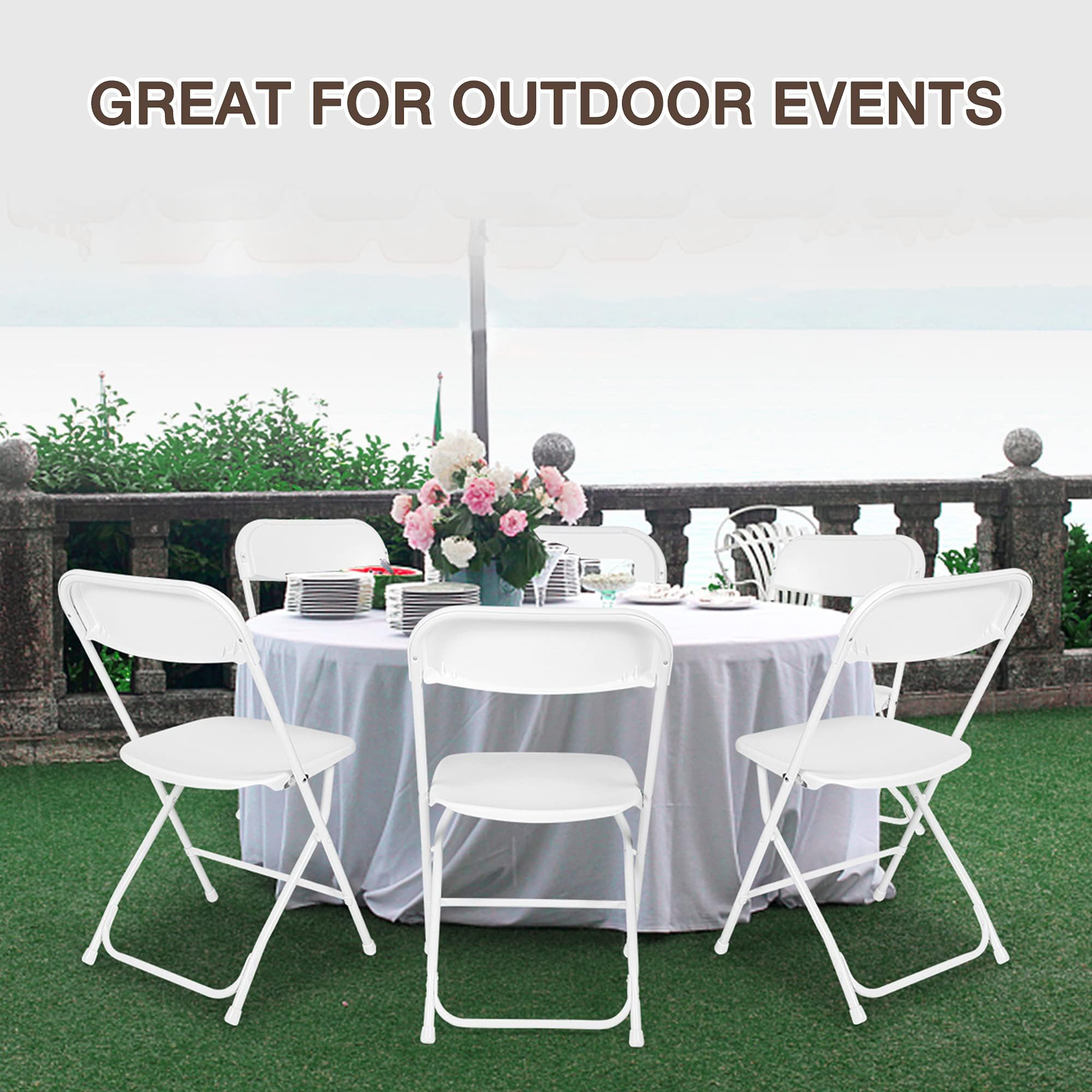 6-Pack White Plastic Folding Chairs - Stackable Lightweight Outdoor Party Chairs for Wedding, Event, Office, Meeting & Home Use - 650 lbs Weight Capacity - Perfect for Backyard BBQs, Picnics, Banquets & Indoor Gatherings