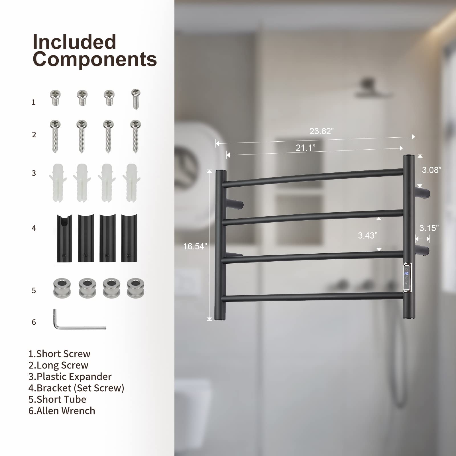 ETW29 Electric Towel Warmer with Built-in Timer - Wall Mounted Bathroom Heated Towel Rack, Plug-in Black - Perfect for Spa, Luxury Bathrooms & Cold Weather Comfort