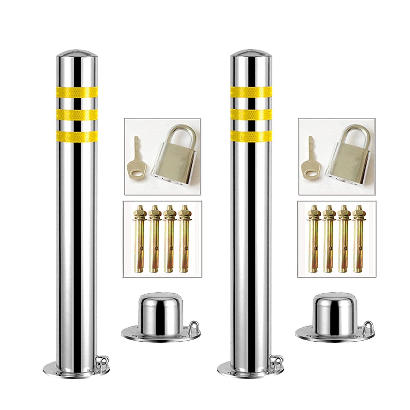 Stainless Steel Parking Barrier Posts - 2 Pack Driveway Security Bollards with Lockable Barrier & Reflective Tape | Heavy Duty & Weather Resistant | Perfect for Home Driveways, Commercial Parking Lots & Property Protection