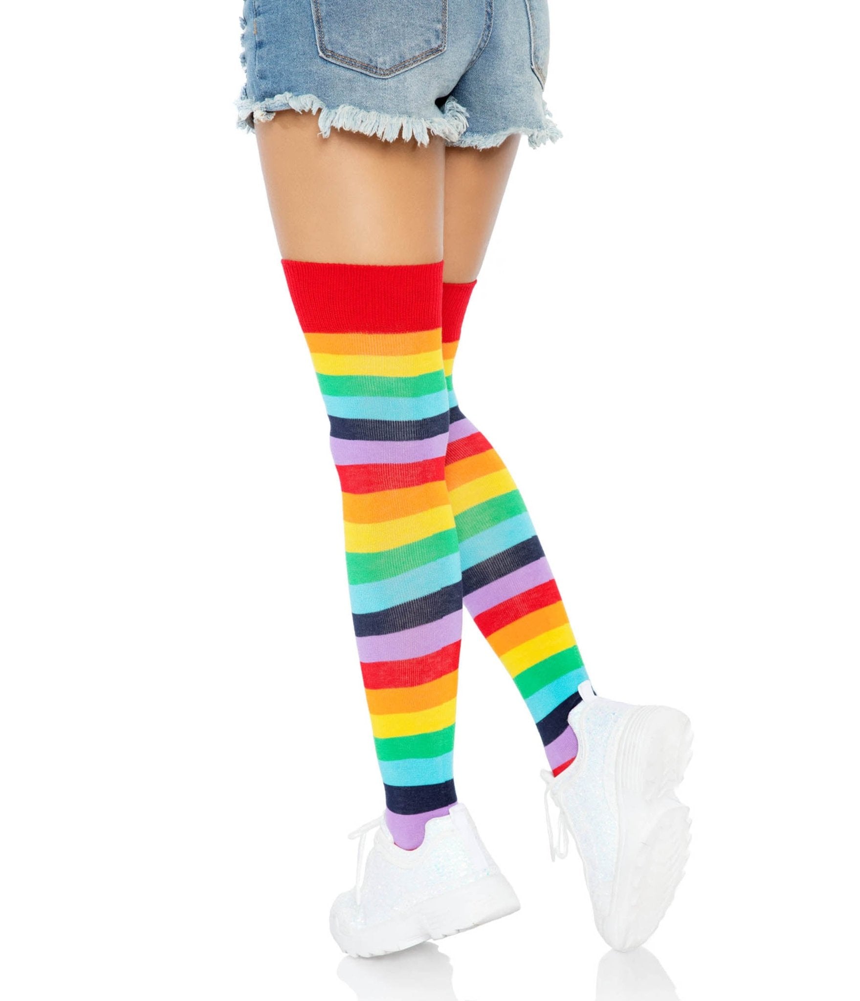 Leg Avenue Rainbow Striped Thigh High Tights - Sexy & Fun Stockings for Cosplay, Halloween & Costume Parties