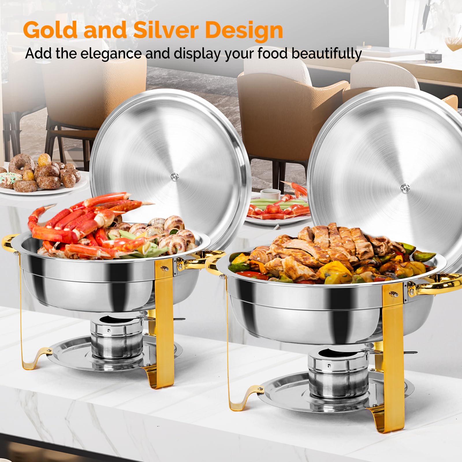 ROVSUN 5 Qt 4 Pack Round Stainless Steel Chafing Dish Set with Lid Holder - Gold Buffet Warmers for Catering, Weddings, Parties & Christmas Gatherings - Perfect for Buffet Serving, Food Warming & Elegant Event Displays