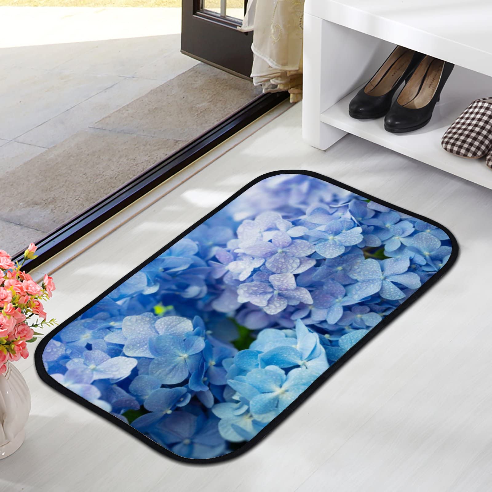 Soft Foam Non-Slip Washable Area Rug - Blue Hydrangea Pattern Kitchen Bath Mat 23.6
