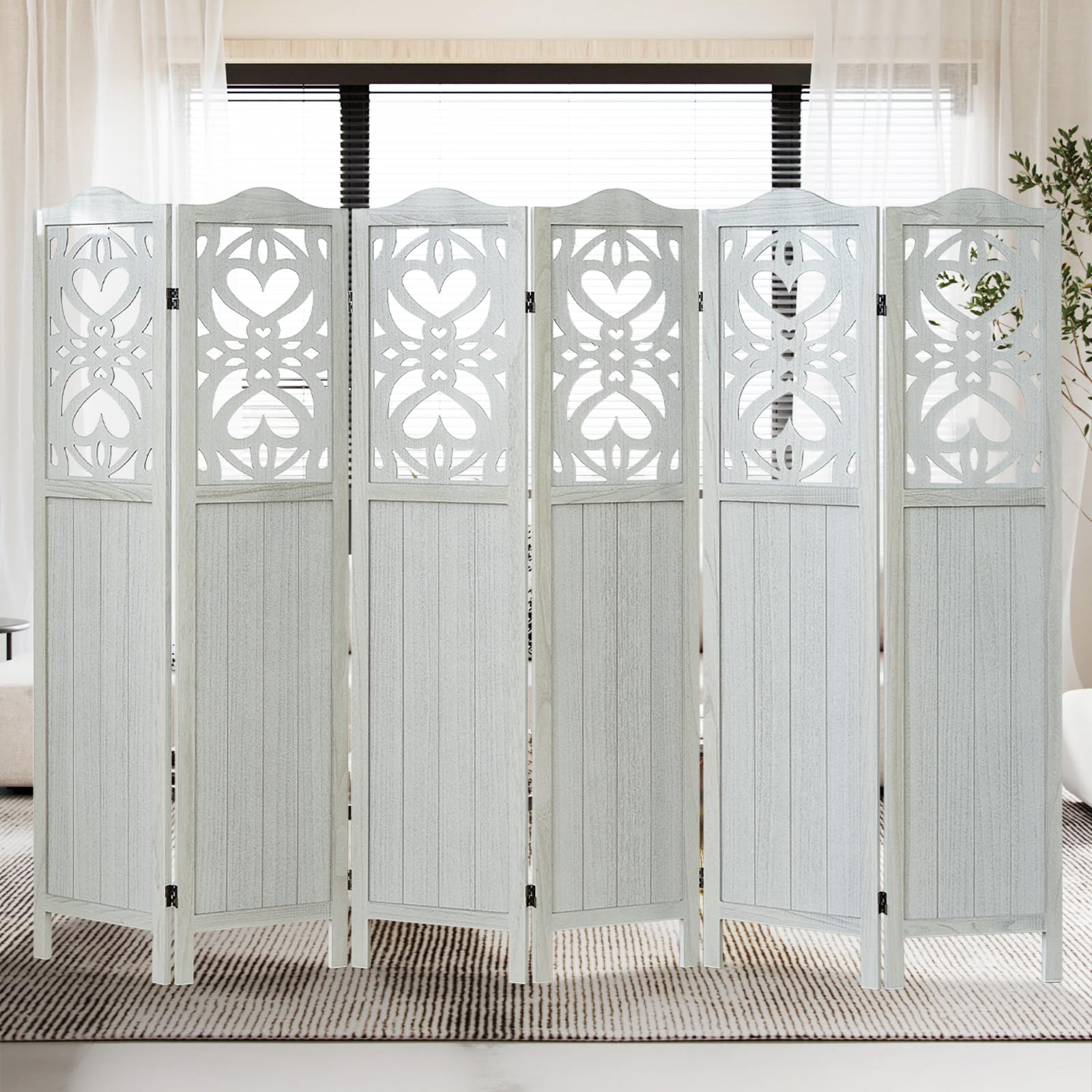 6 Panel Folding Room Divider Screen - 5.6Ft Tall Portable Privacy Partition for Bedroom, Home Office & Living Space | Light Gray Carved Design for Room Separation & Decoration