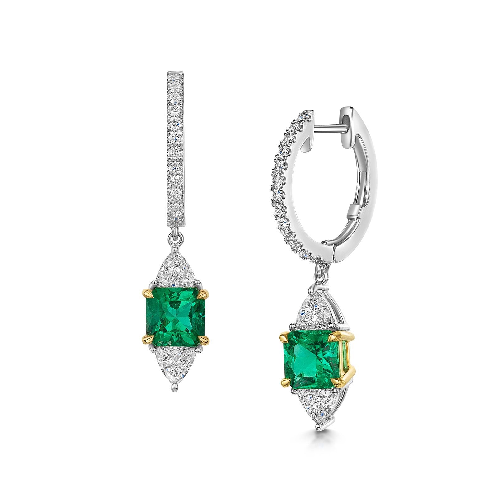 18ct White & Yellow Gold Emerald & Diamond Drop Earrings for Women | Elegant Dangle Earrings for Wedding, Party & Special Occasions