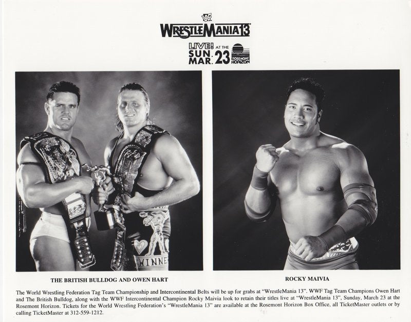 1997 WrestleMania 13 WWF Tag Team Champions Action Figure - British Bulldog & Owen Hart with The Rock - WWE Collectible for Wrestling Fans & Nostalgic Memorabilia