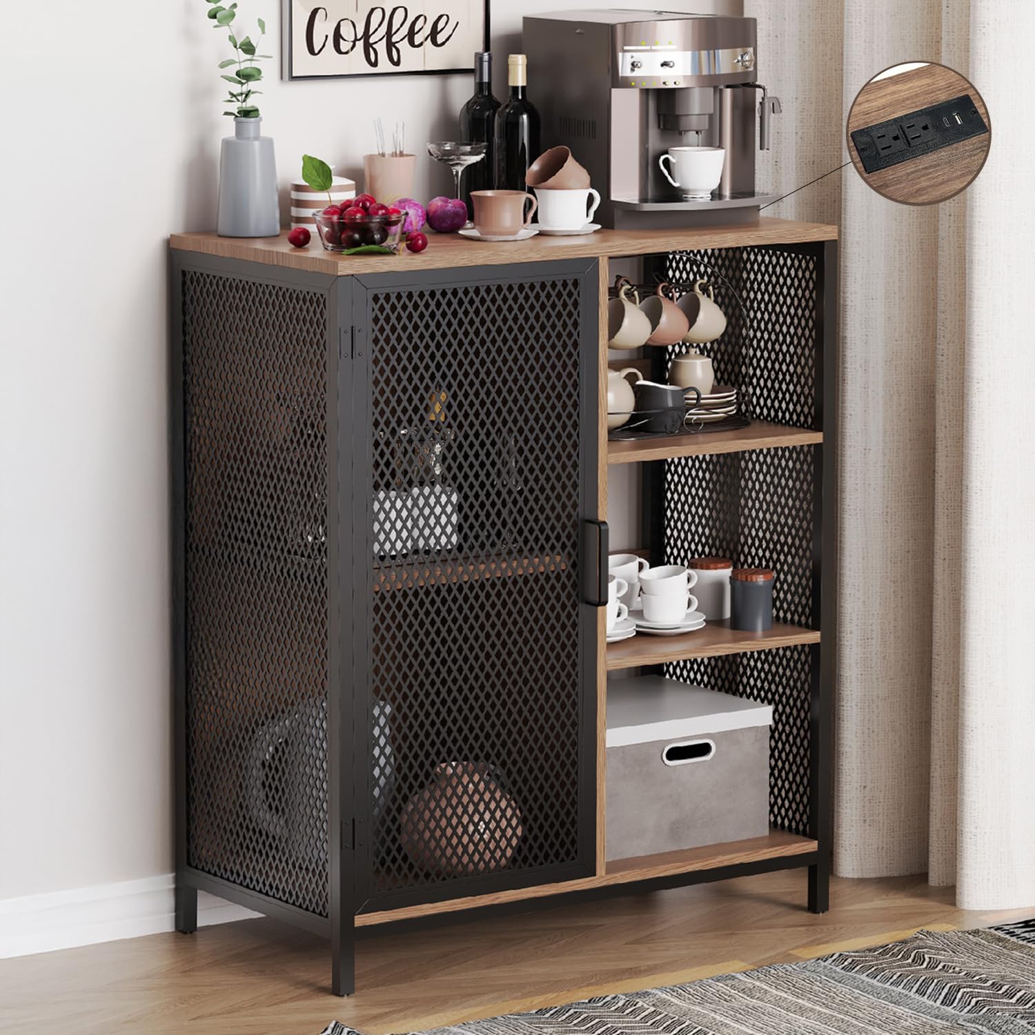 Redlife LED Mini Bar Cabinet with Storage - Modern Home Liquor Cabinet, Coffee Bar & Buffet Storage for Kitchen, Living Room, or Dining Room - Perfect for Entertaining Guests & Organizing Drinks
