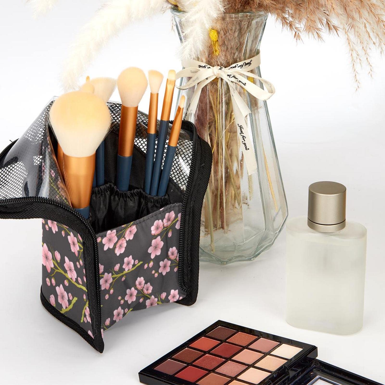 12-Piece Makeup Brush Organizer Bag Set - Seamless Pink Peach Blossom Design, Portable Cosmetic Brush Holder Case for Travel & Home Vanity Storage