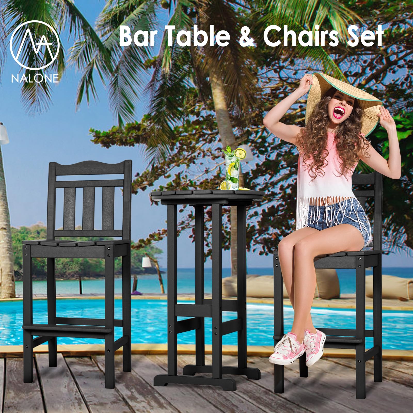 Premium HDPE Outdoor Bar Chairs and Table Set - 3-Piece Adirondack Style Balcony Furniture for Garden, Yard, Backyard - Weather-Resistant Patio Bar Stools Set for Outdoor Entertaining & Relaxation