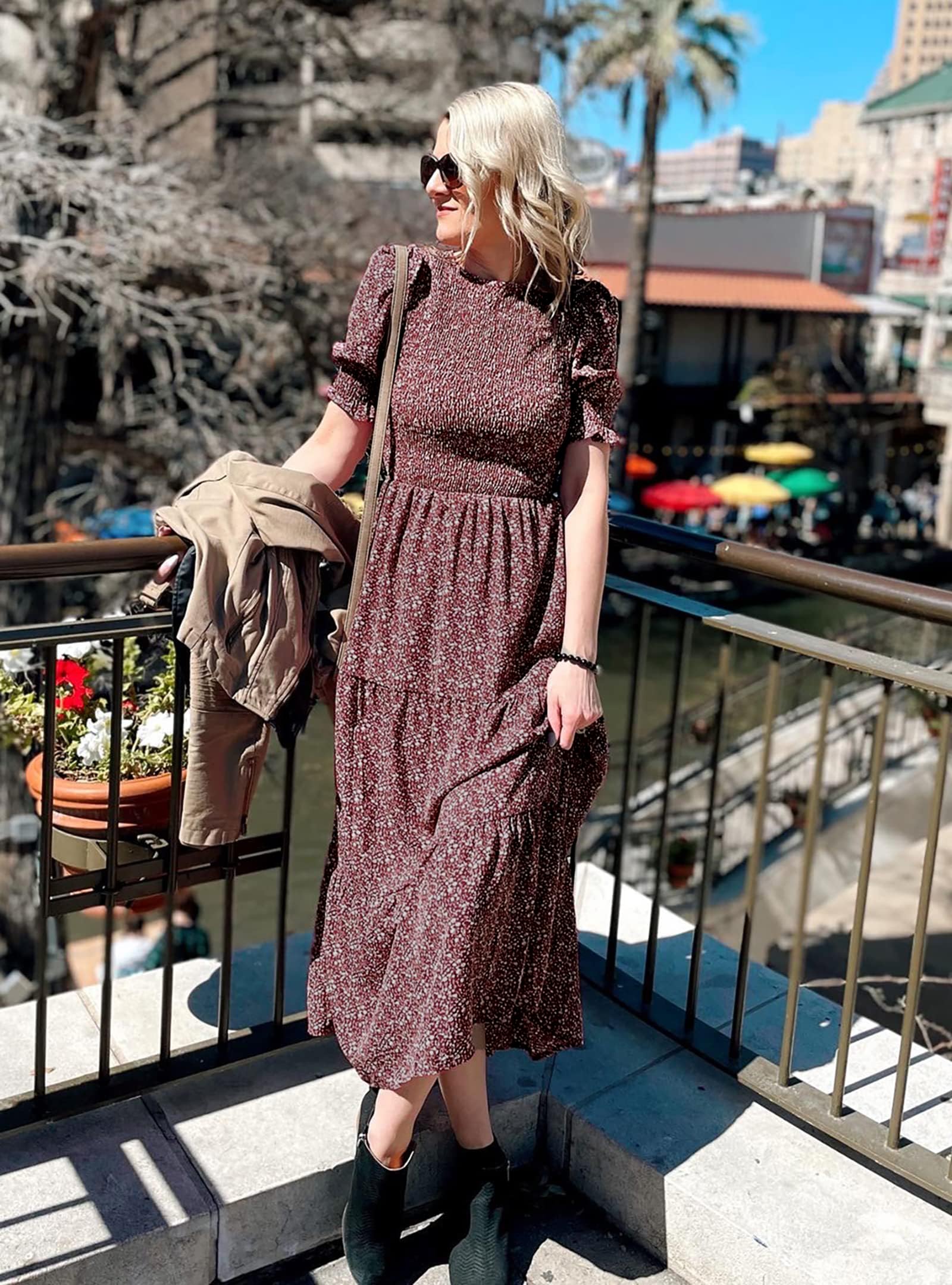 BTFBM Women's Floral Print Boho Maxi Dress - Crew Neck, Ruffle Short Sleeve, Smocked Waist, Flowy Summer Dress for Beach, Vacation & Casual Wear 2025