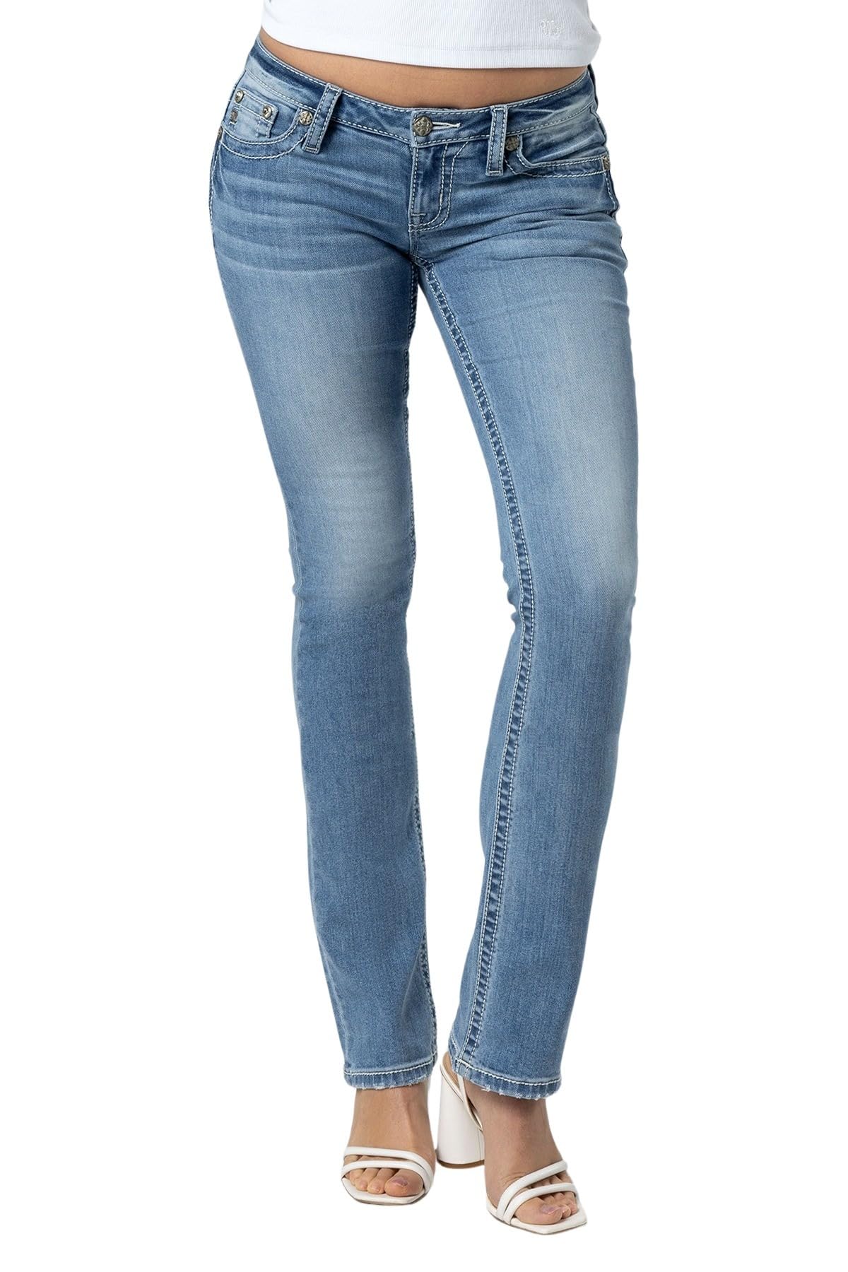 Miss Me Women's Butterfly Stitch Low-Rise Slim Bootcut Jeans - Stylish & Comfortable Denim Pants for Casual Wear, Night Out & Everyday Fashion