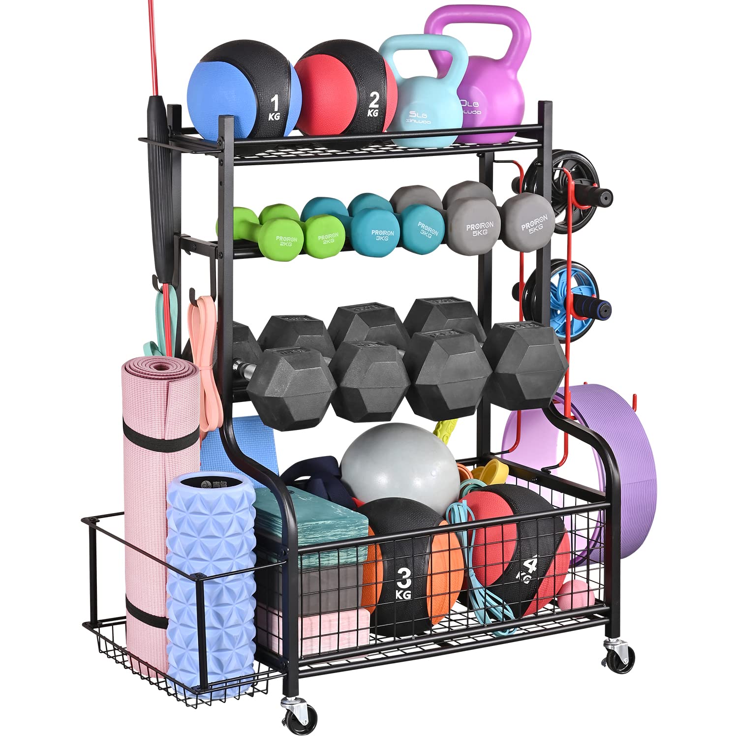 Mythinglogic Adjustable Dumbbell Rack with Wheels - Heavy Duty Home Gym Storage Organizer for Dumbbells, Kettlebells & Yoga Mats - Space Saving Workout Equipment Rack with Hooks - Perfect for Garage, Basement & Home Fitness Rooms