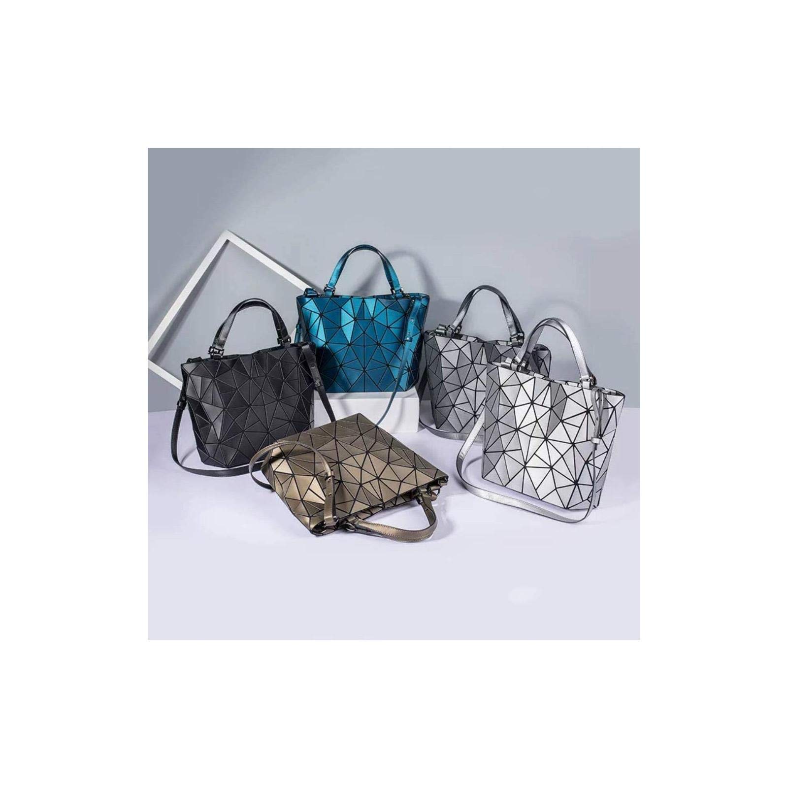 Geometric Luminous Handbag - Shard Lattice Eco-Friendly Vegan Leather Rainbow Holographic Purse for Women, Brown Large Size | Perfect for Night Out, Party, and Festival Accessories