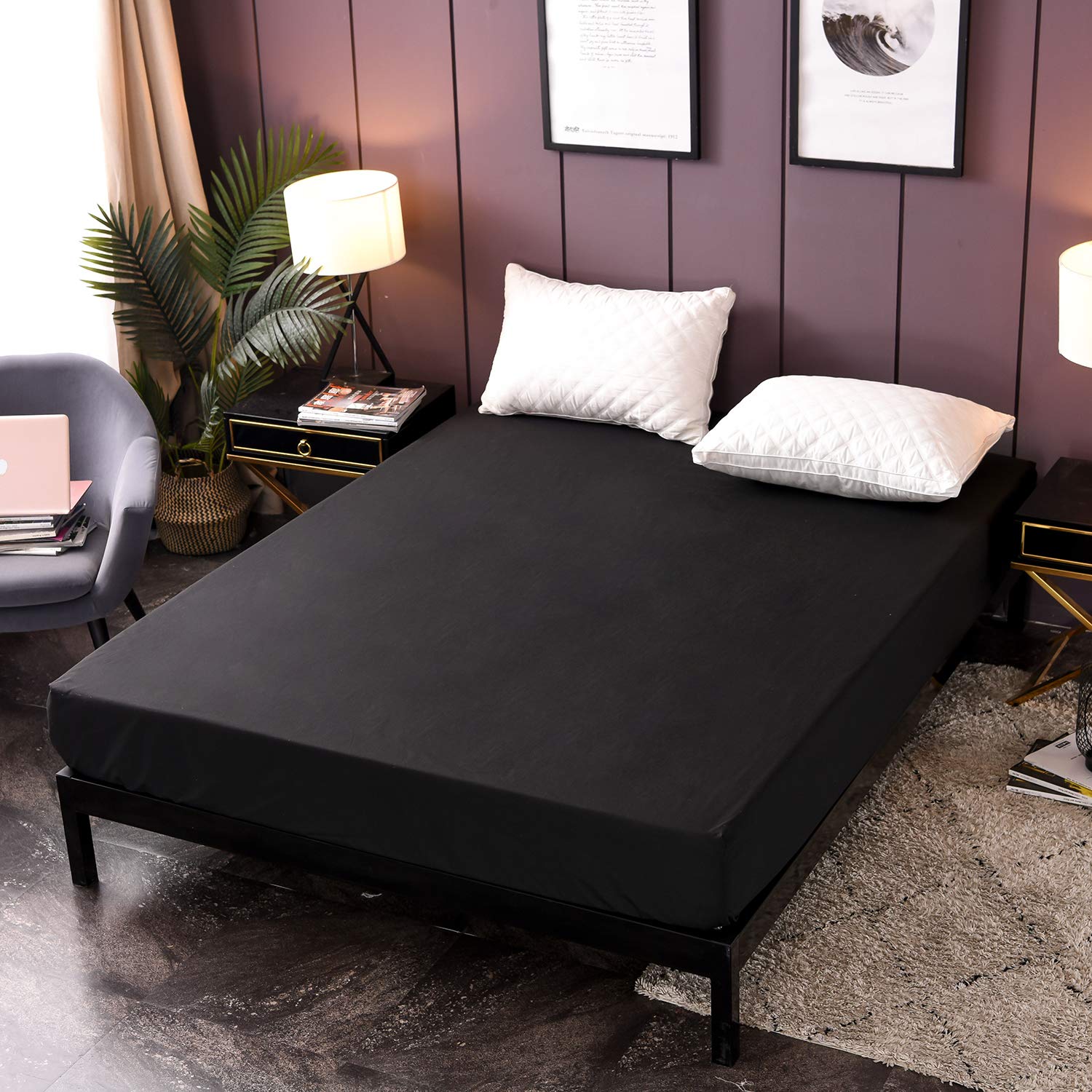 Black Waterproof Fitted Sheet Full Size - Deep Pocket Brushed Microfiber Mattress Protector (54