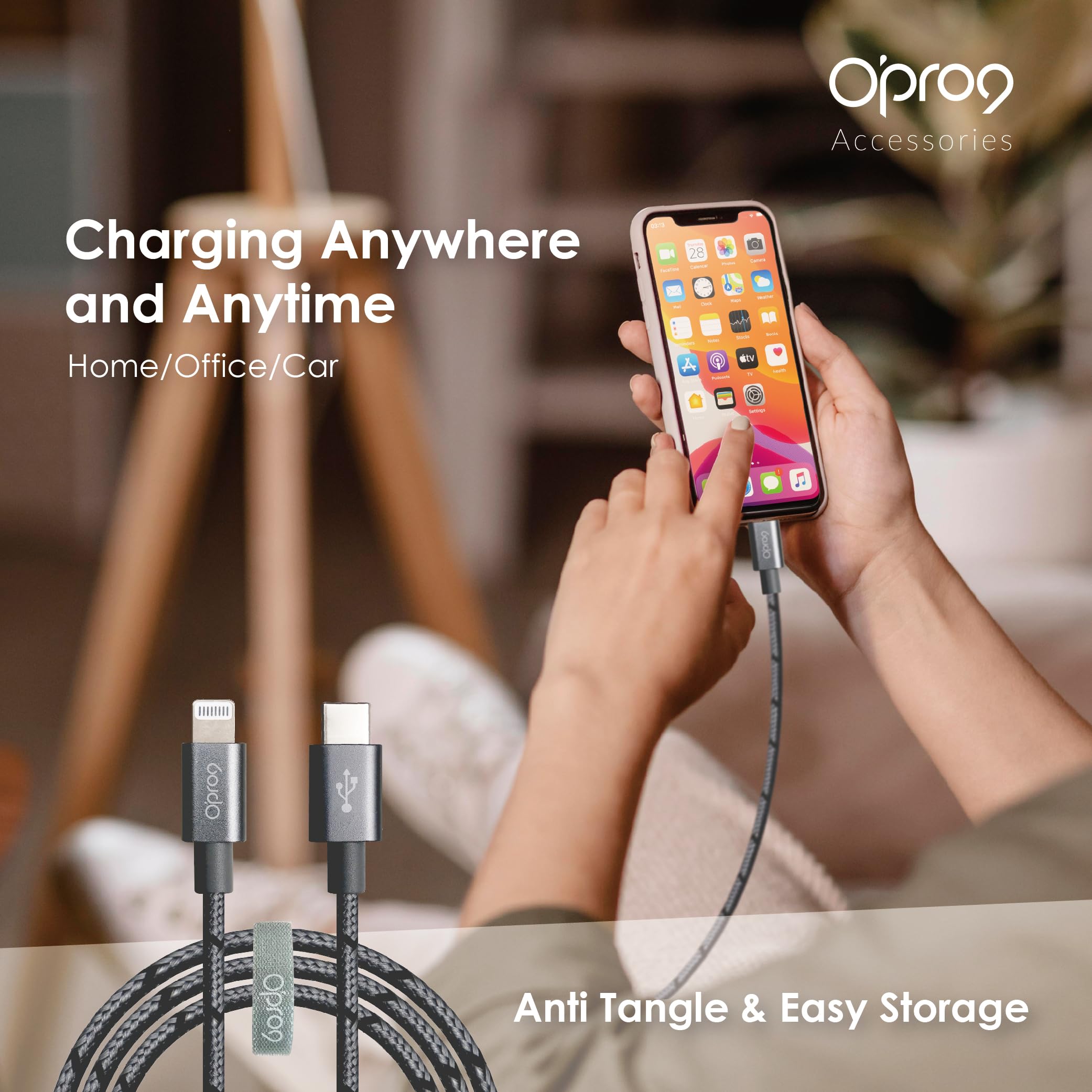 Opro9 MFi Certified USB C to Lightning Cable 3FT - 20W PD Fast Charging Cord for iPhone 14/13/12/11 Pro Max/XS/XR/8 & More - Durable Nylon Braided (Space Gray) | Perfect for Home, Office & Travel Charging