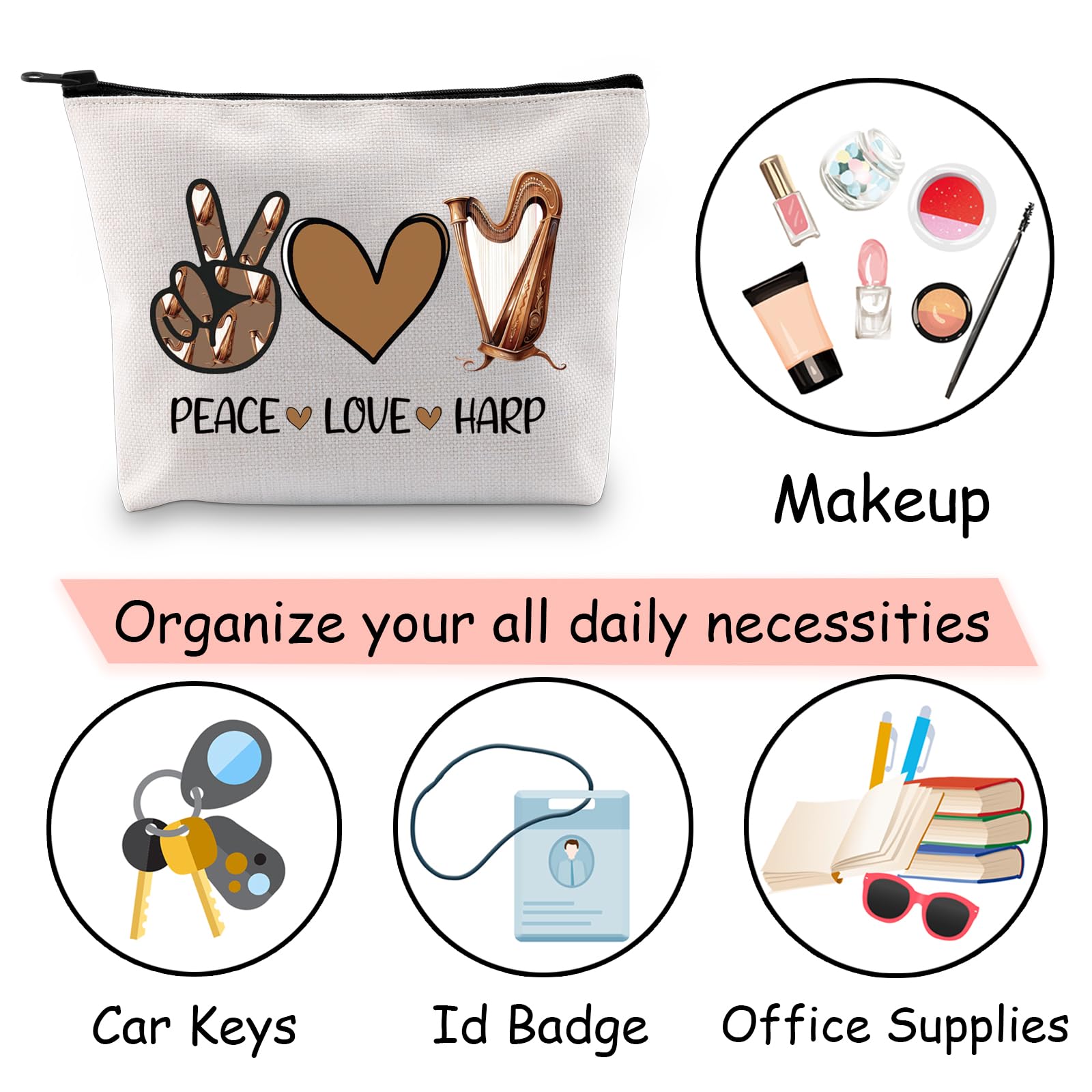 JXGZSO Harp-Themed Makeup Bag with Zipper - Perfect Musician Gift for Harp Lovers, Peace & Love Design Toiletry Pouch - Great for Travel, Cosmetics Storage & Music Festival Essentials