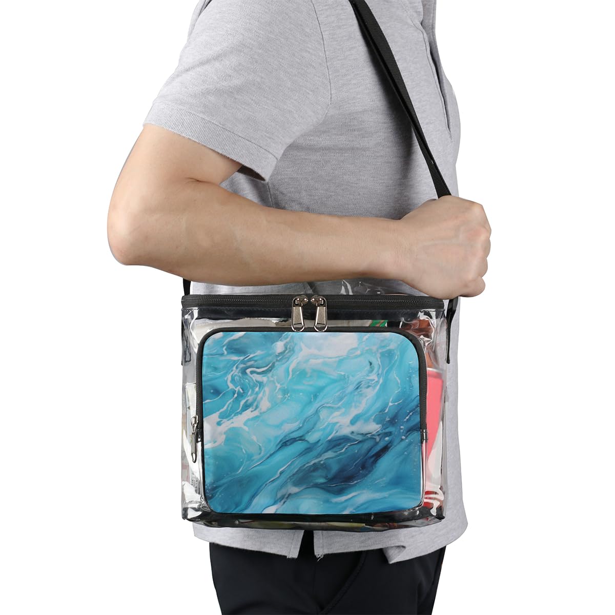 GzLeyigou Blue Marble Print Clear Tote Bag - Transparent Crossbody Shoulder Bag with Handles for Women | Perfect for Lunch, Travel, Picnic, Concerts & Sports Events | Stadium Approved Waterproof Purse for Outdoor Activities
