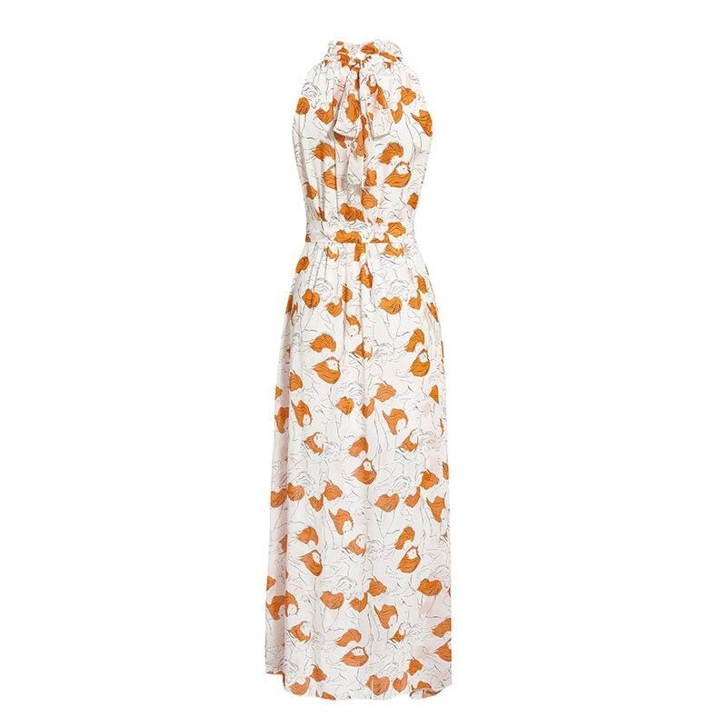 Boho Elegant A-Line Lotus Leaf Print Sleeveless Long Dress with Stand Collar - Perfect for Summer Beach Vacations, Boho Chic Outfits, and Casual Elegant Occasions