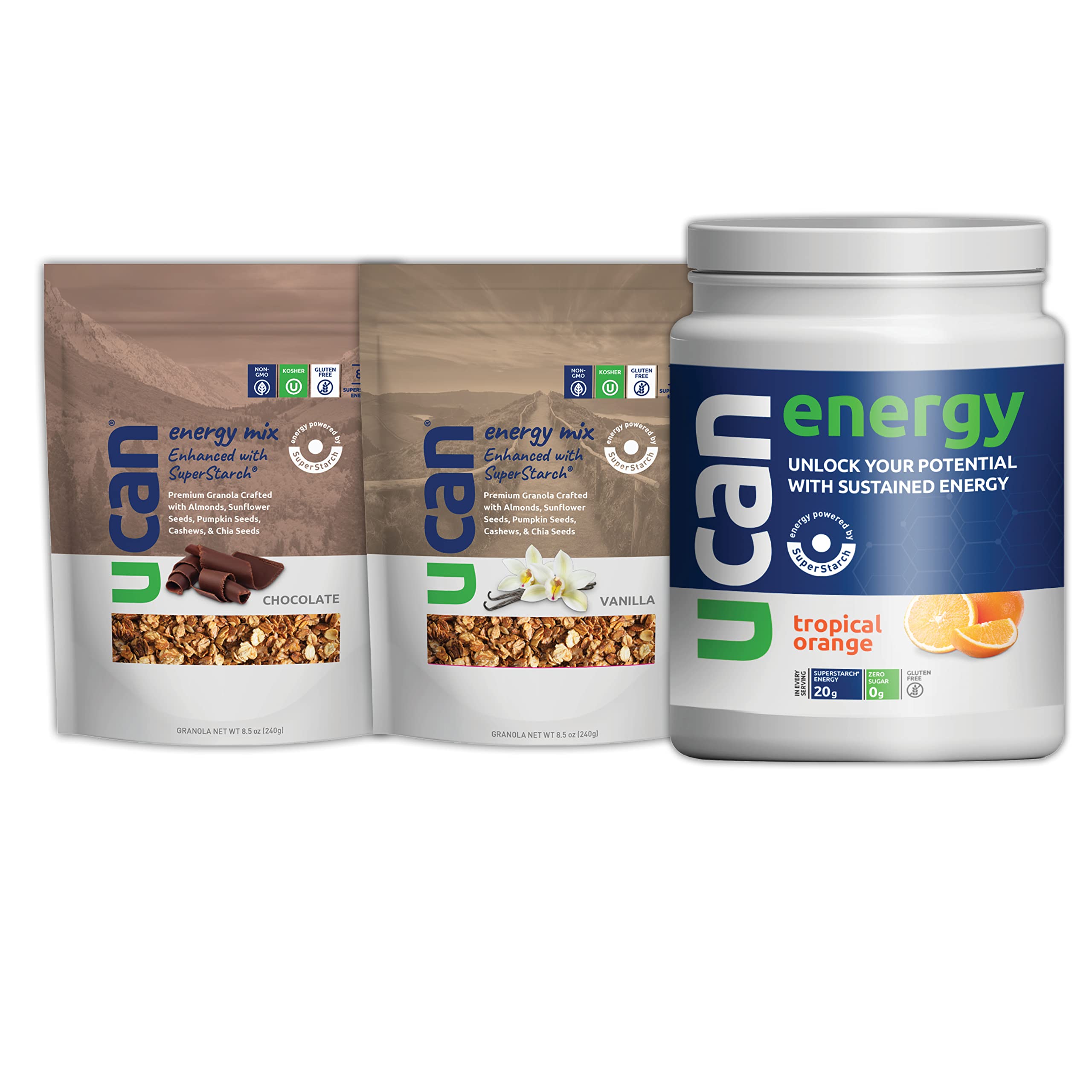 UCAN Orange Energy Powder, Chocolate Granola Energy, & Vanilla Granola Energy Mix Bundle - Premium Sports Nutrition for Runners, Cyclists & Athletes - Pre-Workout & Post-Workout Recovery Fuel