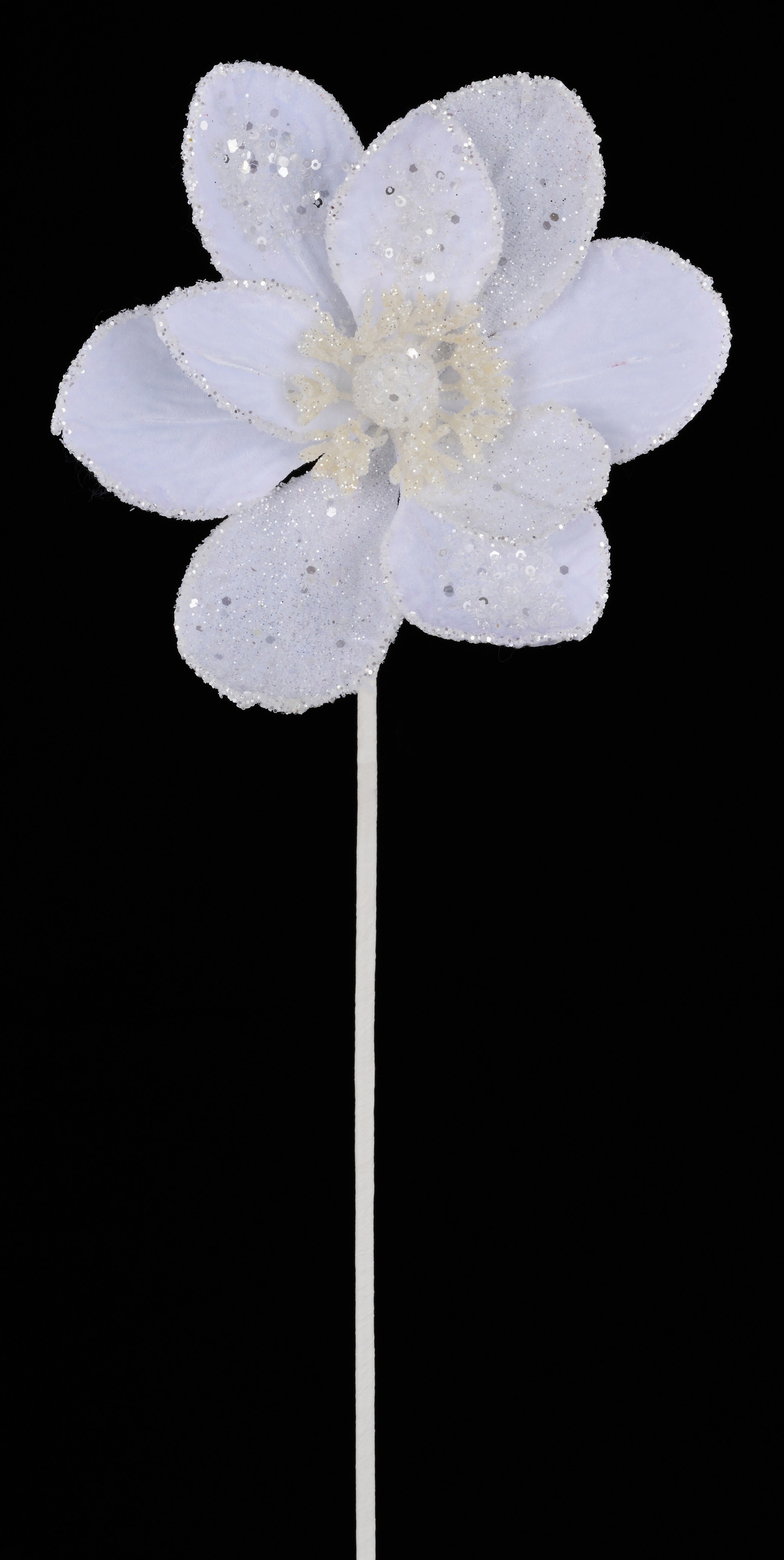 7 White Velvet Glitter Beaded Edge Magnolia Stems - Artificial Silk Flowers for Wedding Bouquets, Home Decor, and Floral Arrangements