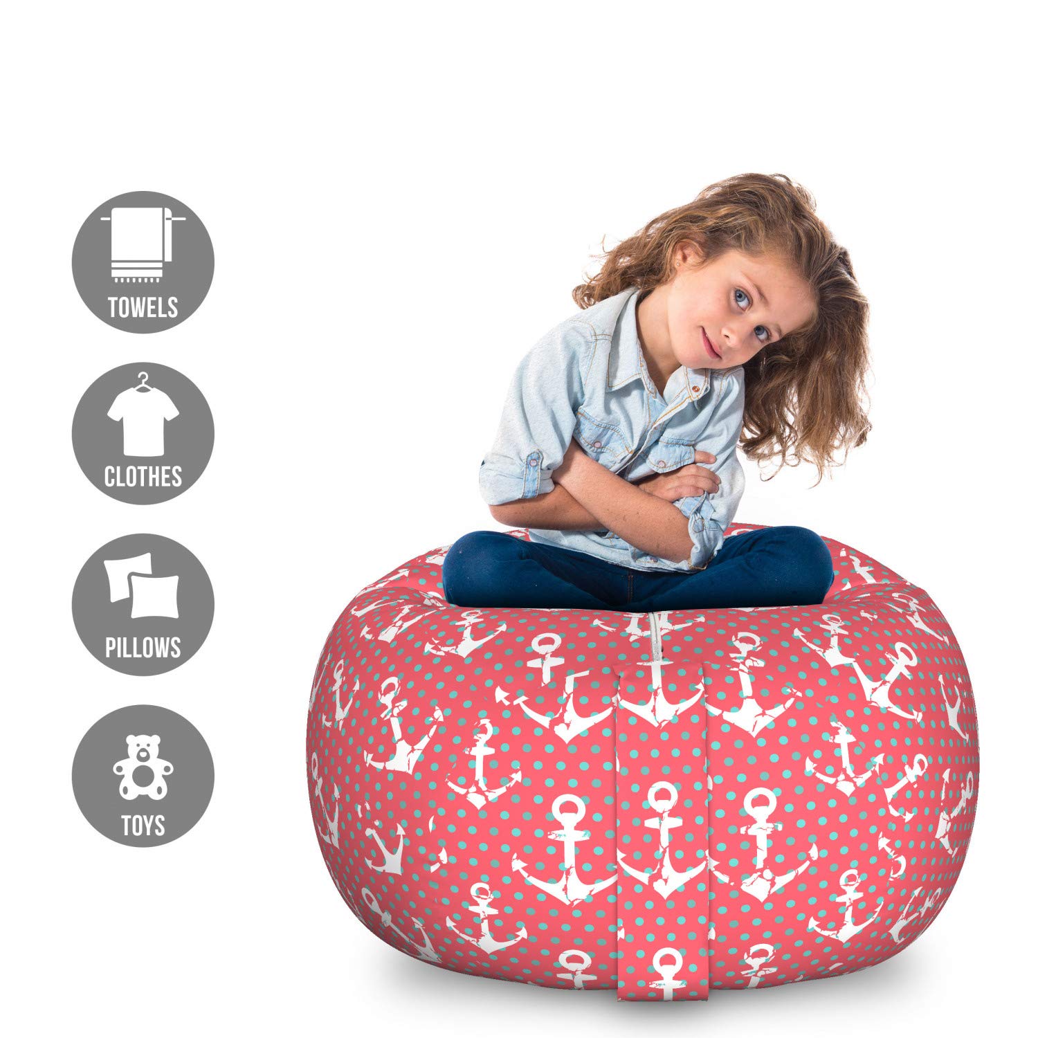 Ambesonne Nautical Storage Toy Bag Chair - Large Washable Organizer with Grunge Anchor & Polka Dots Pattern in Coral Dark Seafoam | Perfect for Kids' Room, Playroom & Nursery Storage Solutions