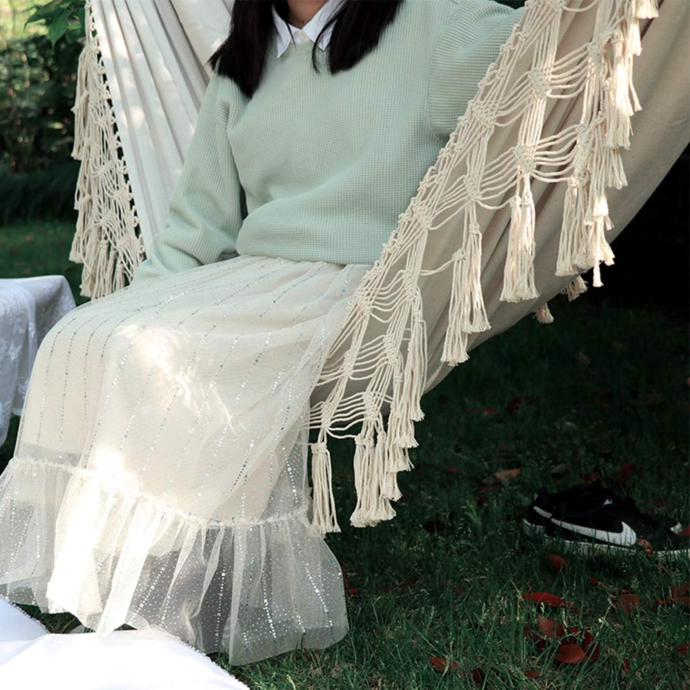 Handmade Organic Cotton Hammock with Macrame Fringe - Classic Tree Swing Bed for Camping, Beach, Bedroom & Outdoor Relaxation | Perfect for Patio, Porch, Yard Decor & Wedding Events
