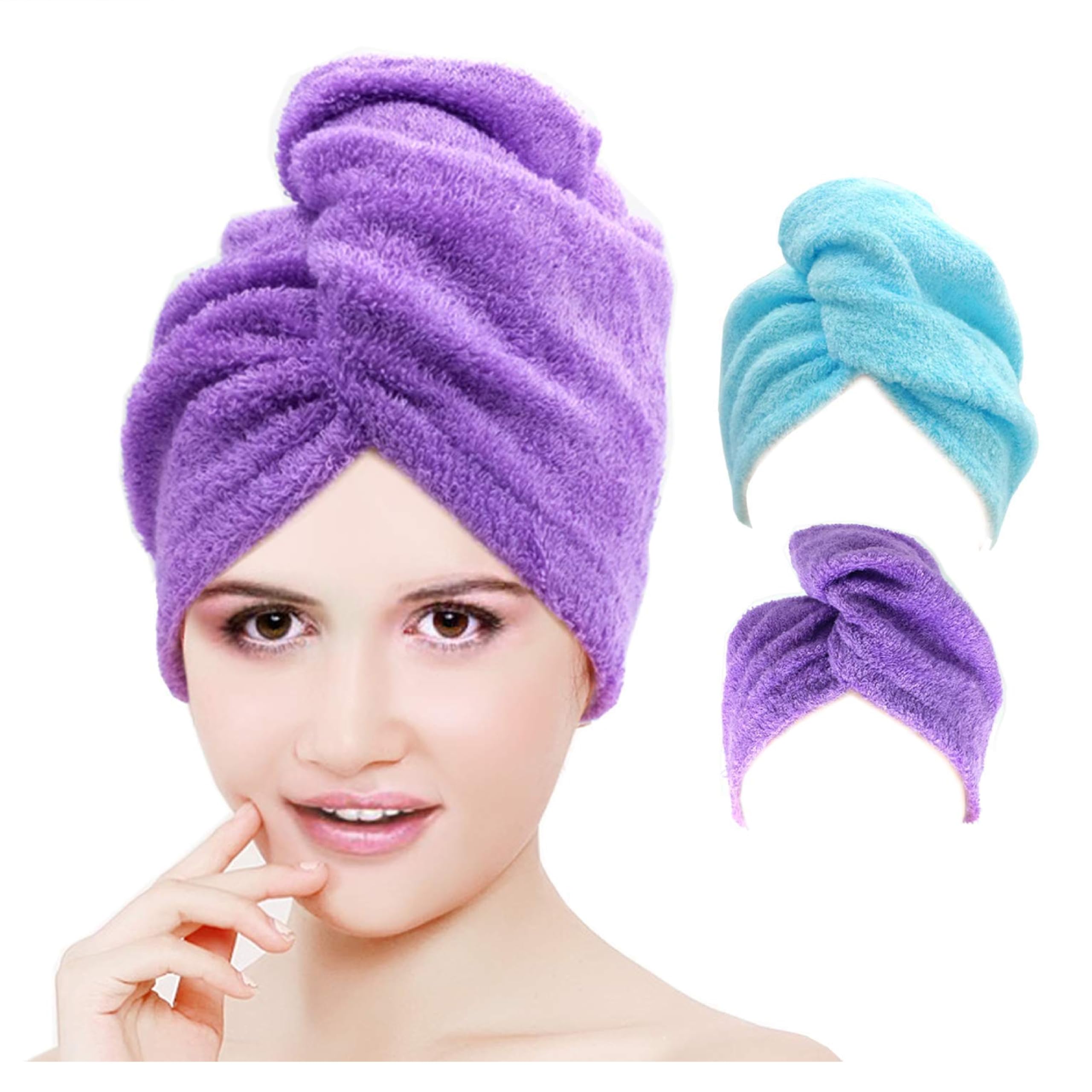 Quick Drying Microfiber Hair Towel Wrap for Women - Super Absorbent Hair Turban with Elastic Loop (Multicolor, 2 Pack) | Perfect for Post-Shower, Salon Styling & Travel