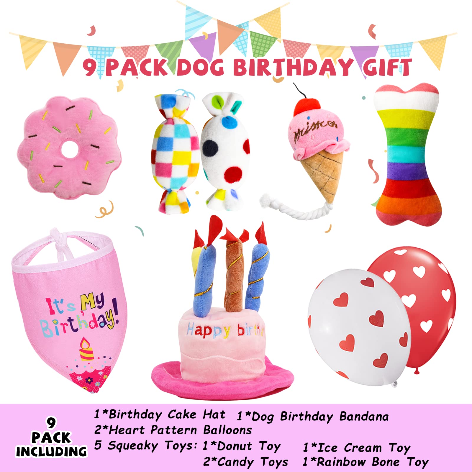 Happy Birthday Dog Toys - 9 Pack Pink Squeaky Plush Birthday Cake Hat & Bandana Set for Small & Medium Dogs | Perfect for Dog Birthday Parties, Puppy Celebrations & Gift Giving Occasions